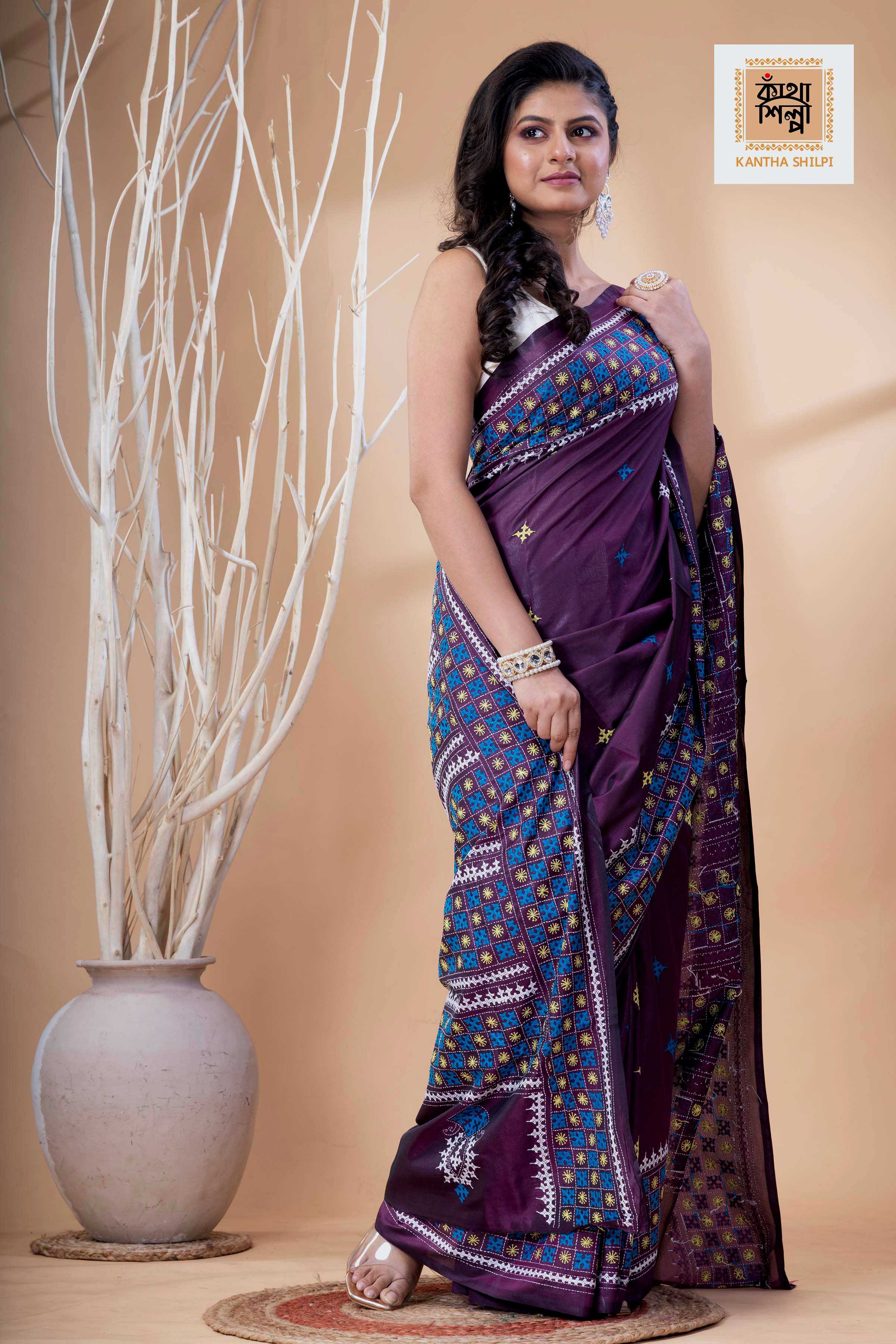 Magenta Bangalore Silk Tri-color Thread Work Gujrati Stitch Saree