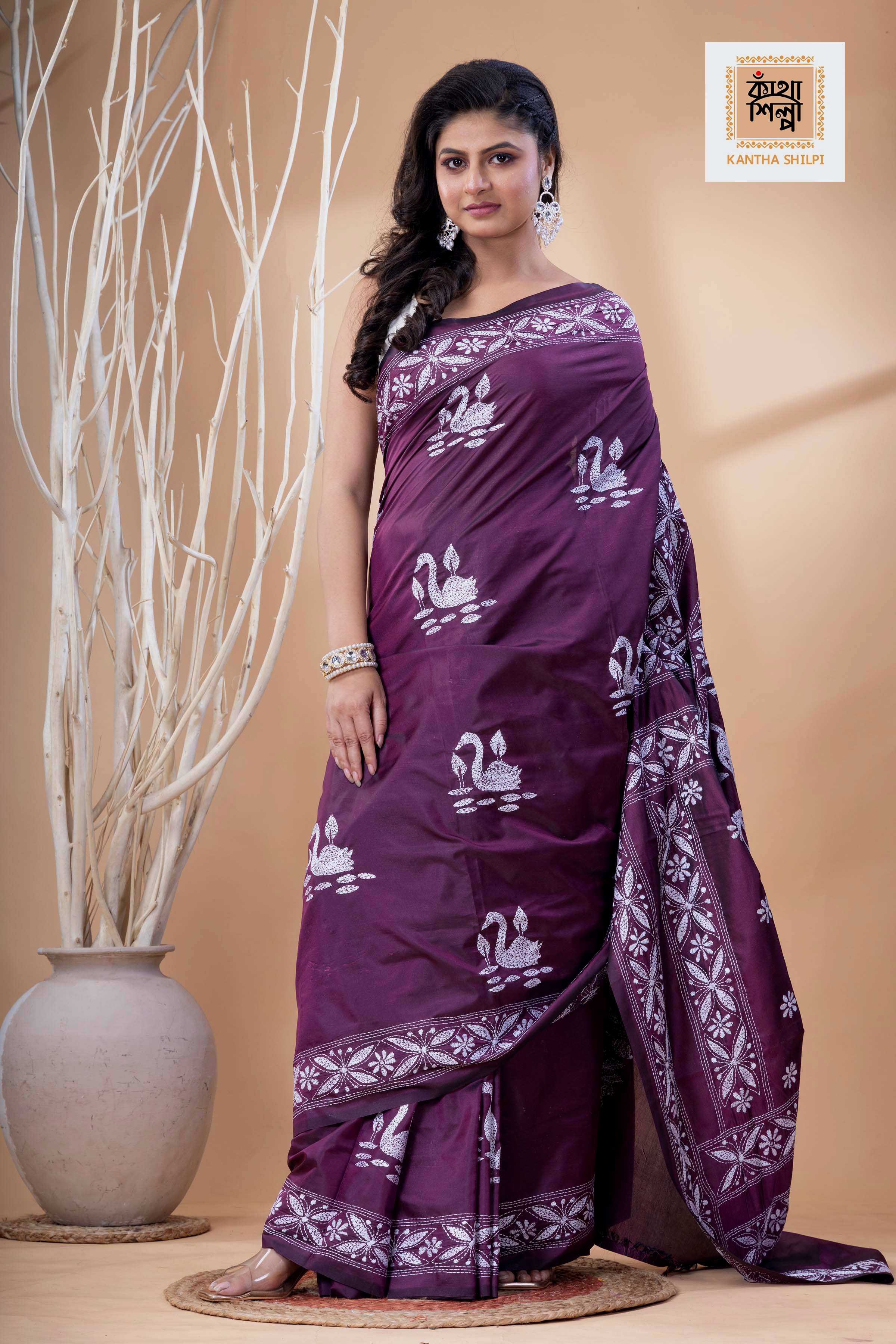 Magenta Color Bangalore Silk White Color Thread Work Kantha Stitch Saree