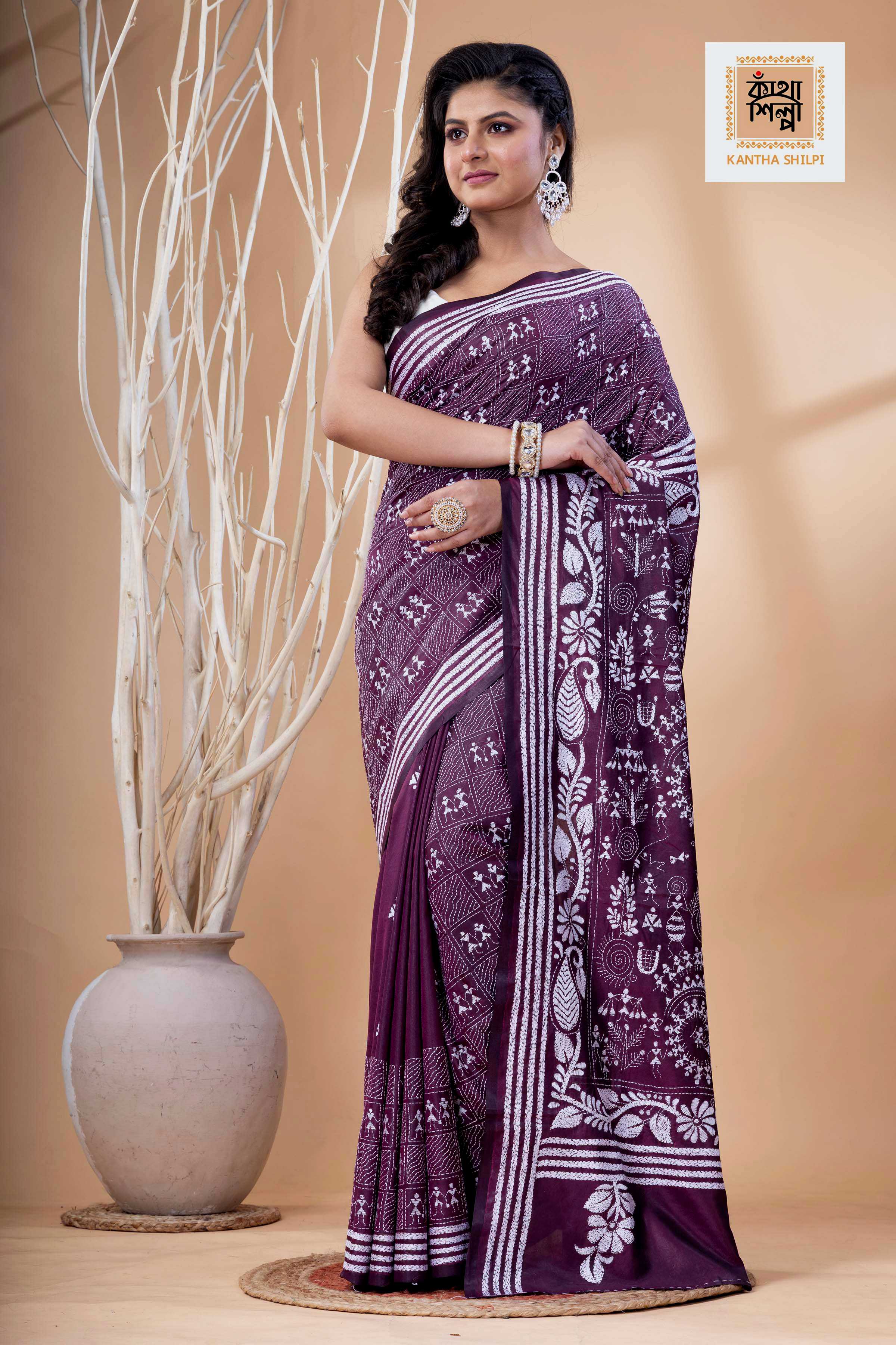 Wine Color Bangalore Silk White Color Thread Work Kantha Stitch Saree