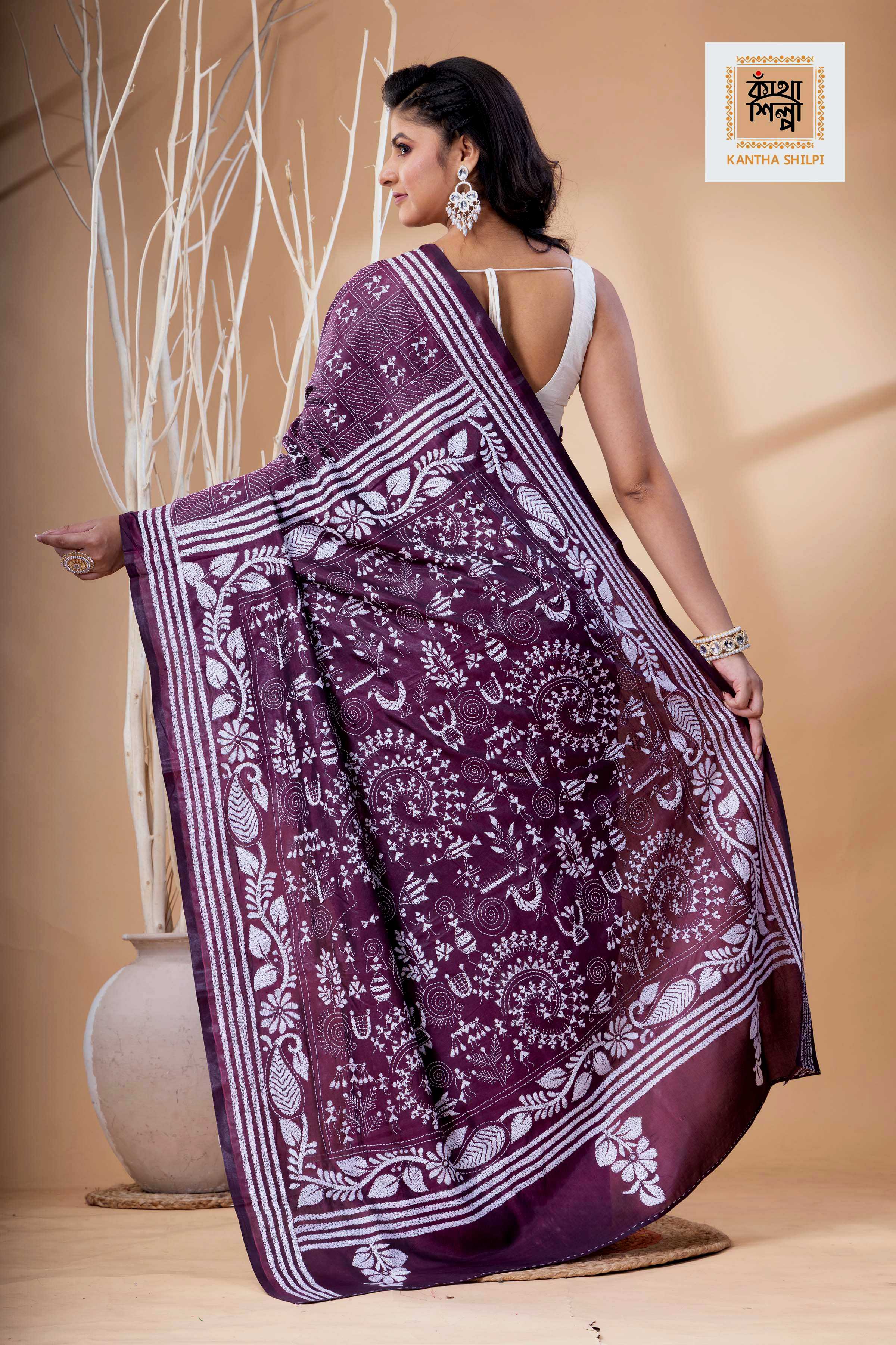 Wine Color Bangalore Silk White Color Thread Work Kantha Stitch Saree