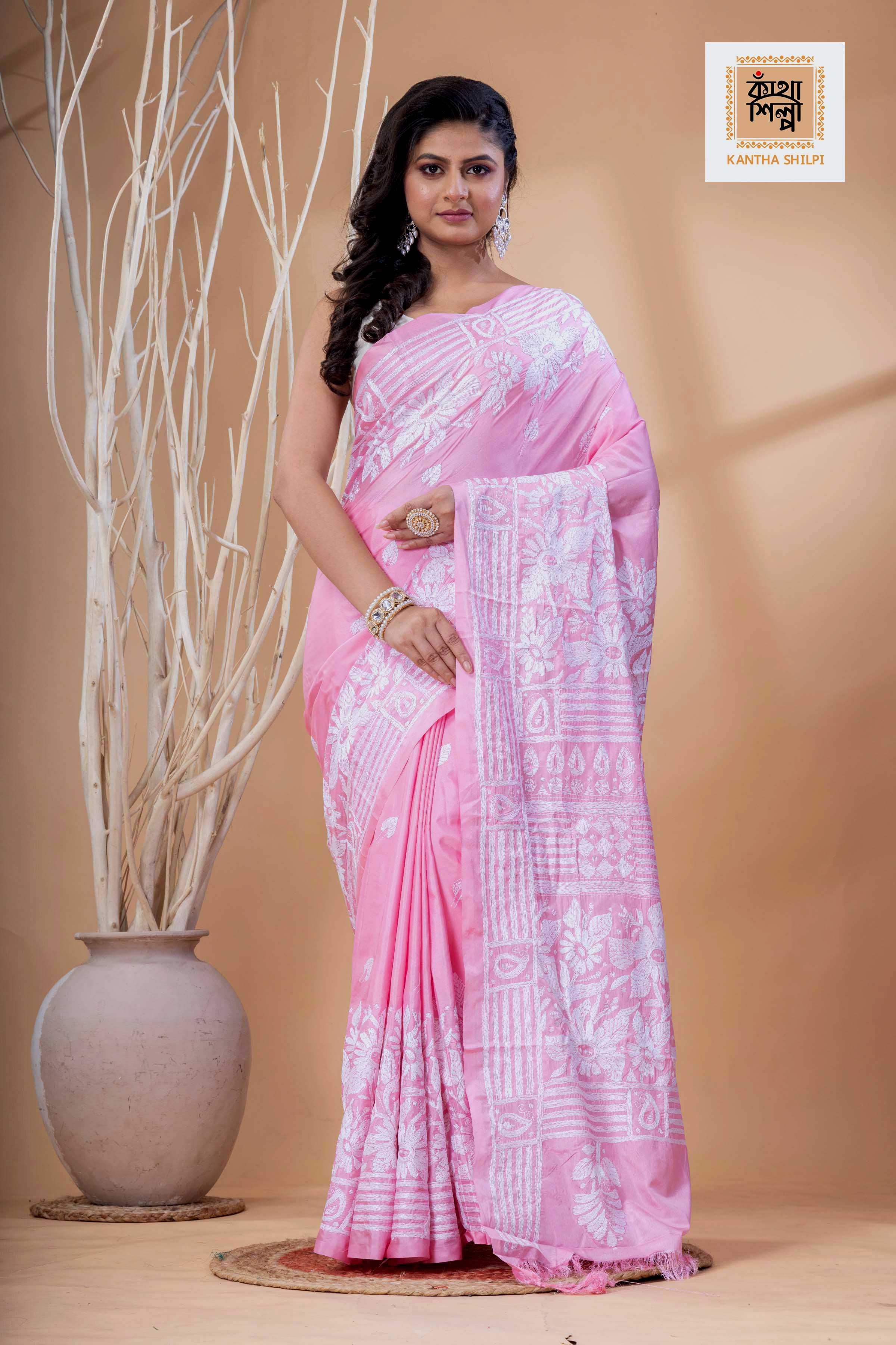 Pink Color Bangalore Silk White Color Thread Work Kantha Stitch Saree