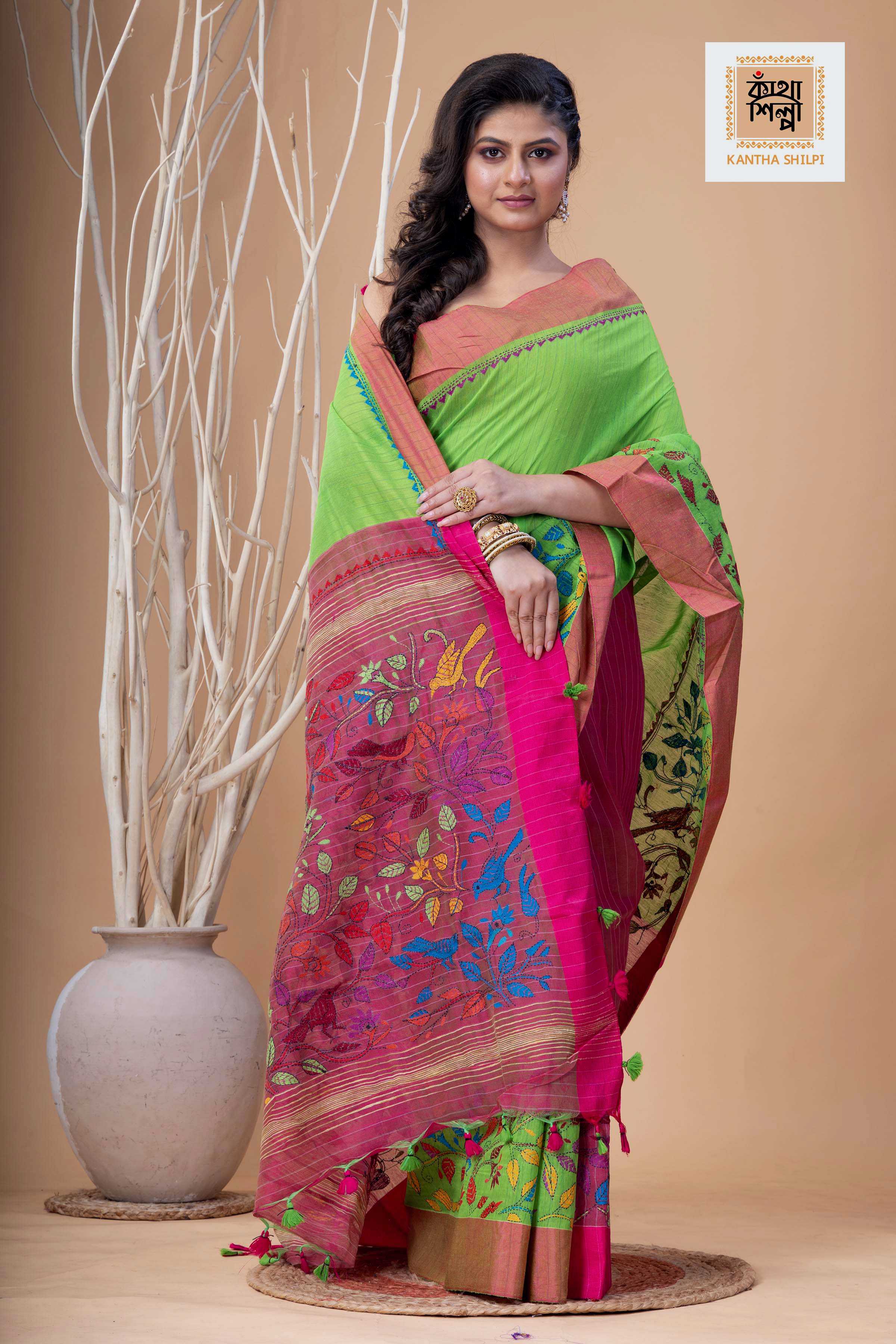 Green Color Handloom Cotton with Multicolor Thread Work Kantha Stitch Saree
