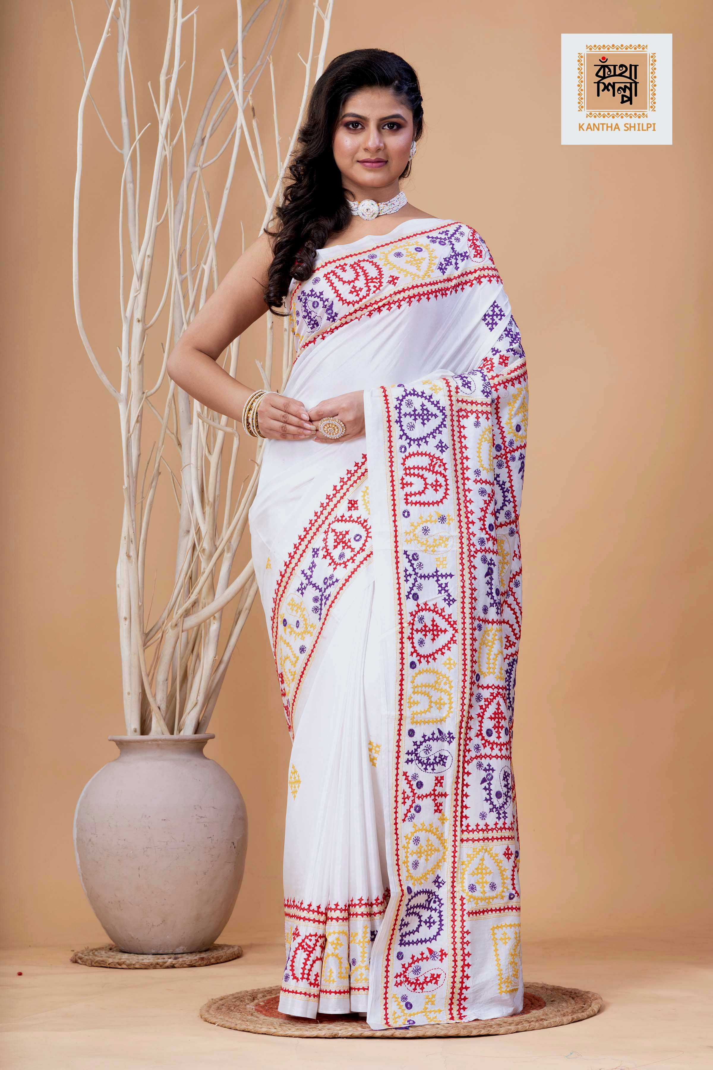 White Bangalore Silk Tri-color Thread Work Gujrati Stitch Saree
