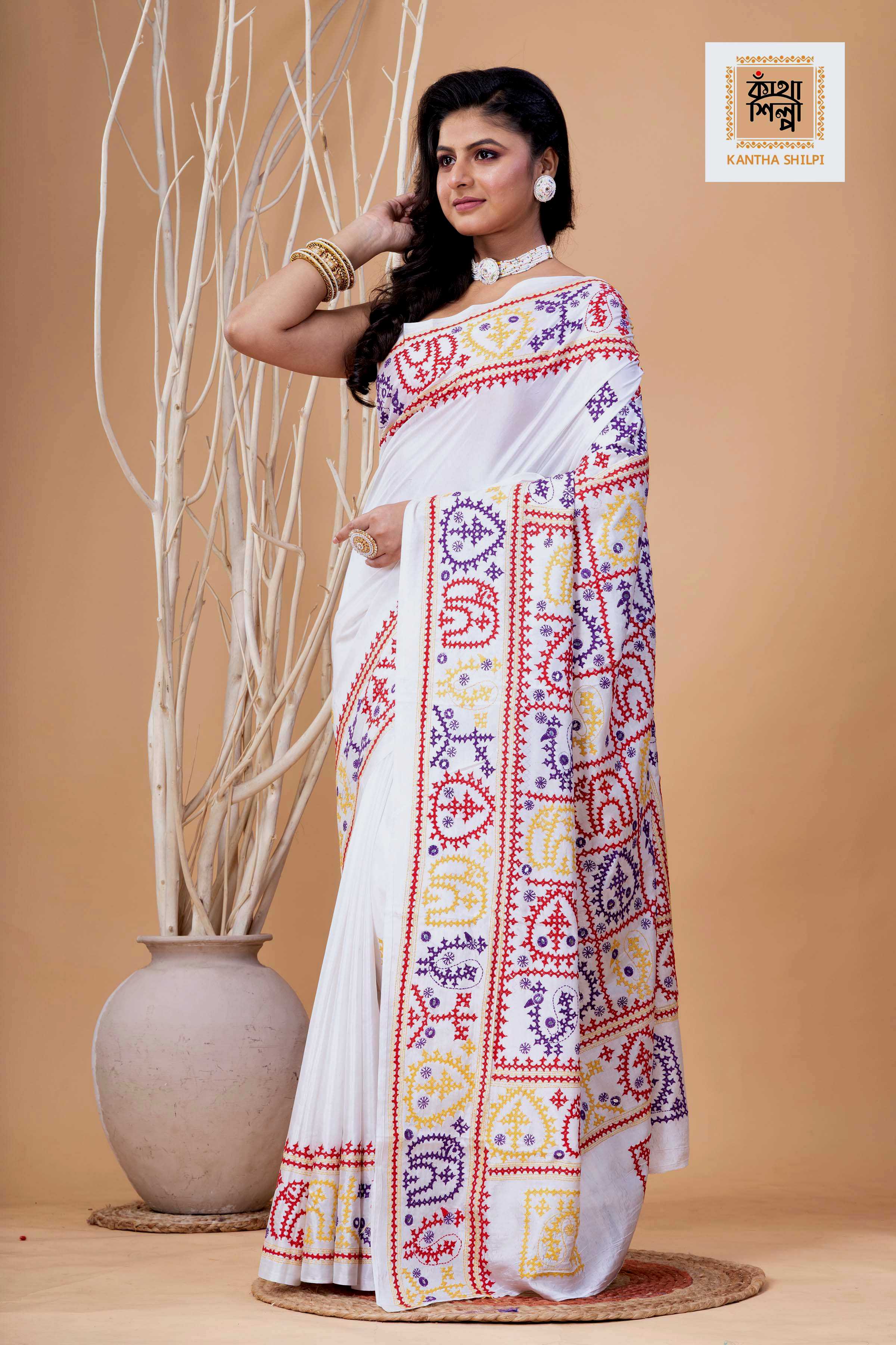 White Bangalore Silk Tri-color Thread Work Gujrati Stitch Saree