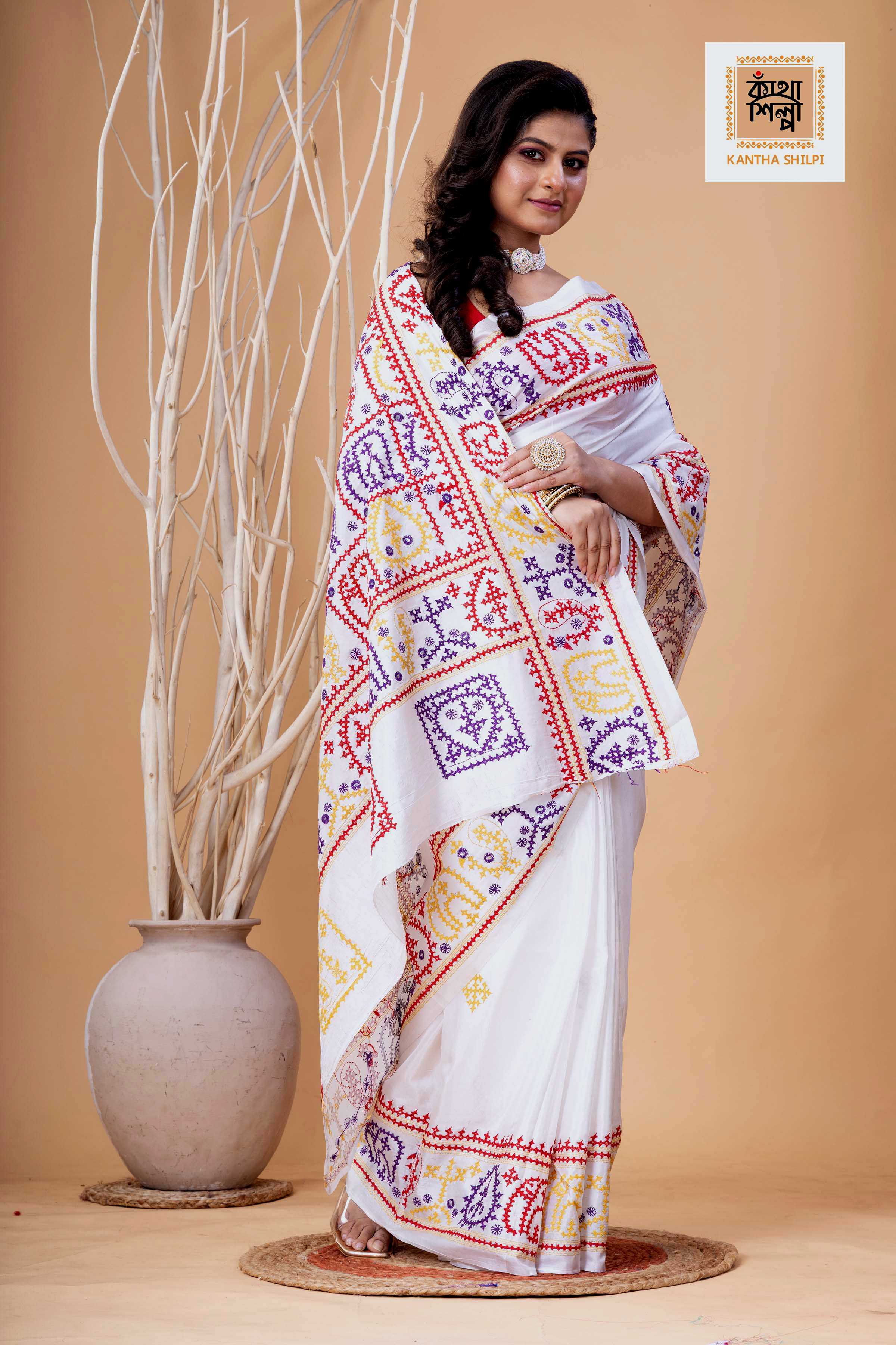 White Bangalore Silk Tri-color Thread Work Gujrati Stitch Saree