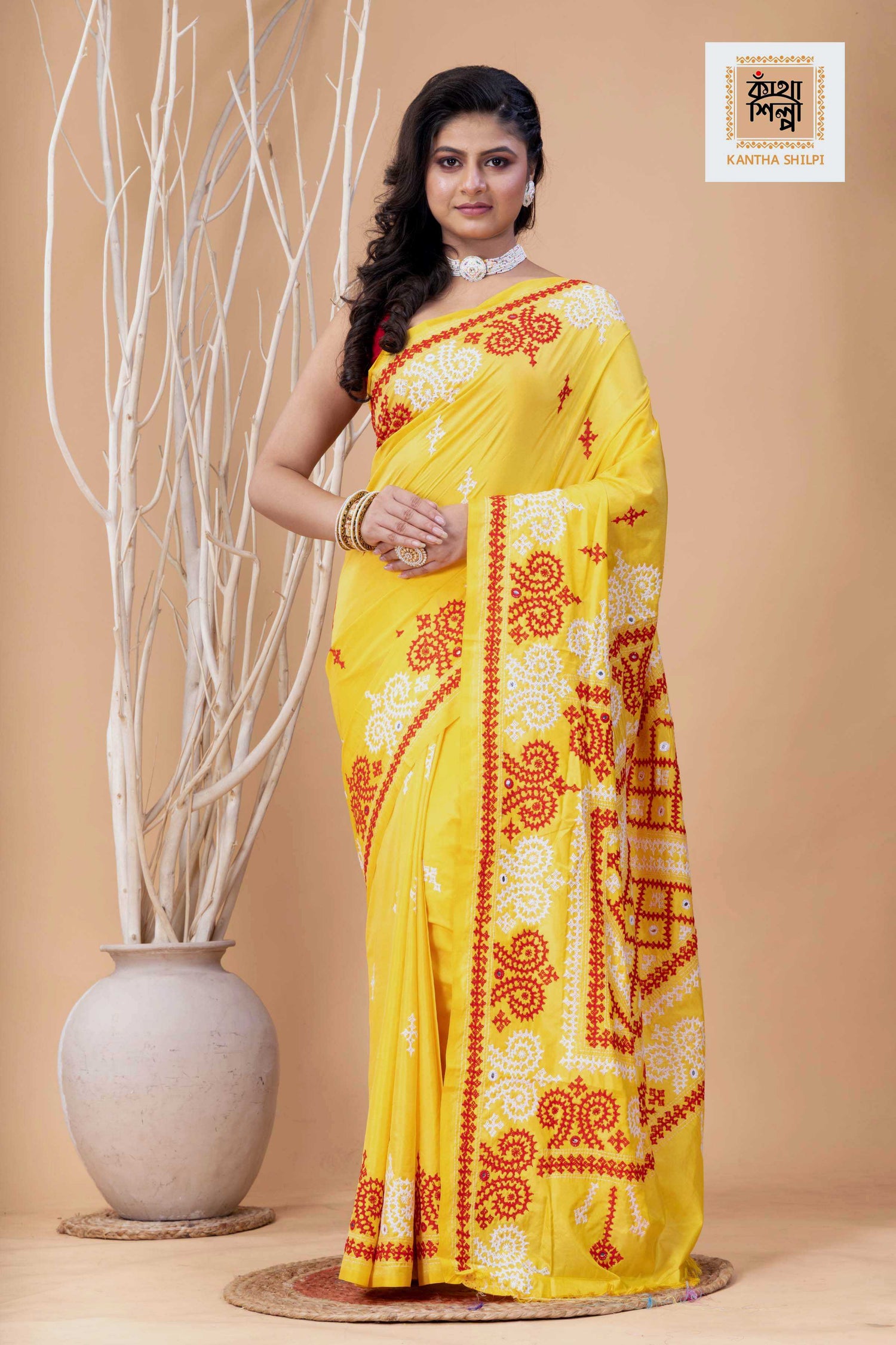 Yellow Bangalore Silk Red-White Thread Work Gujrati Stitch Saree