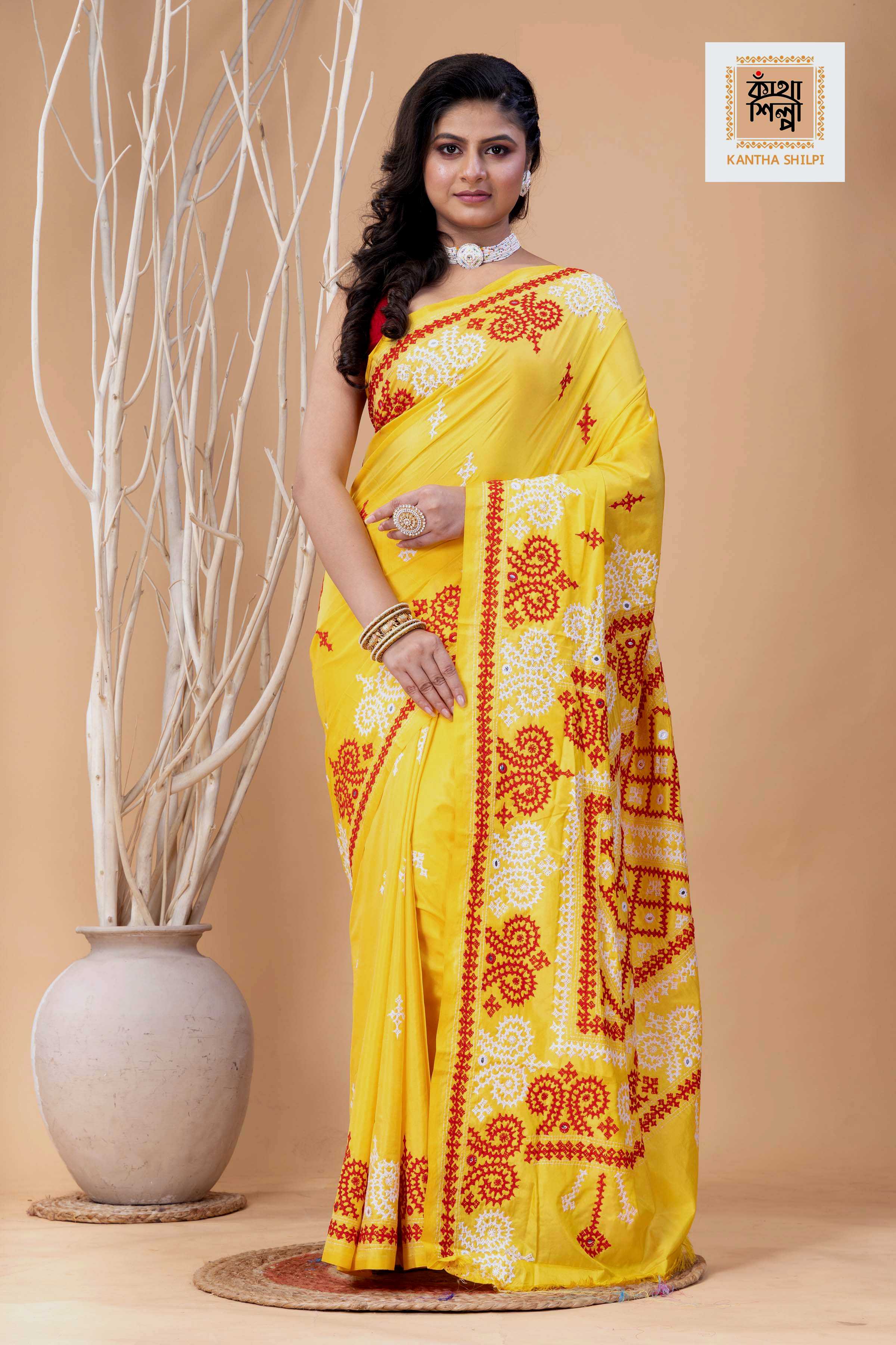 Yellow Bangalore Silk Red-White Thread Work Gujrati Stitch Saree