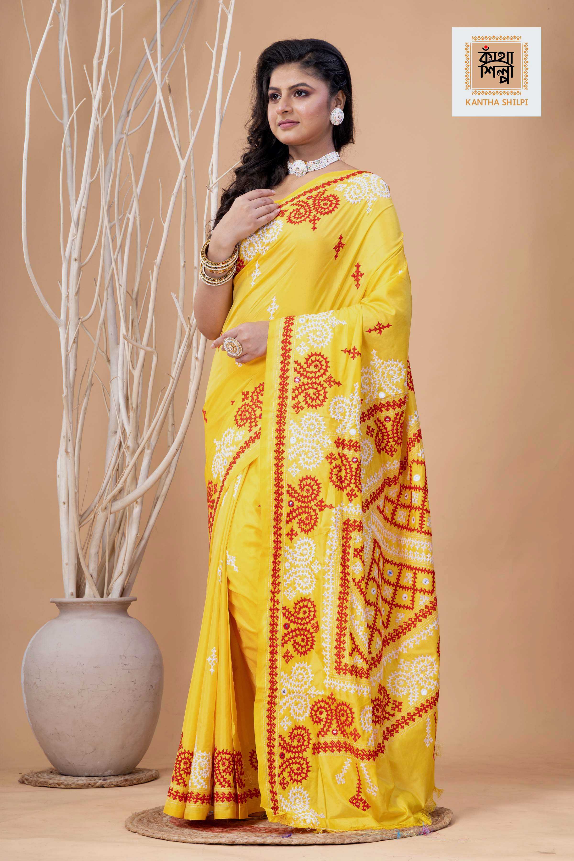 Yellow Bangalore Silk Red-White Thread Work Gujrati Stitch Saree