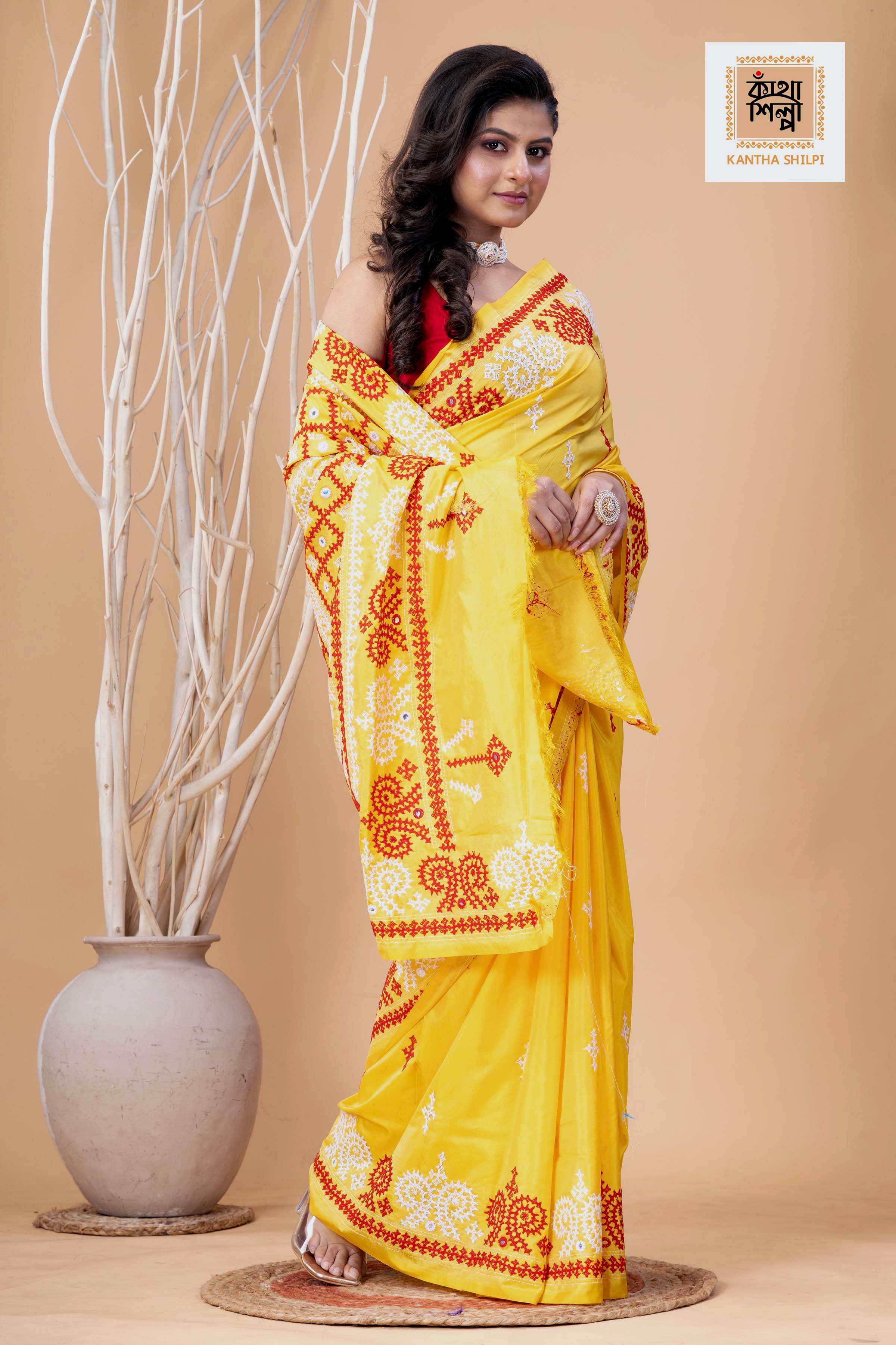 Yellow Bangalore Silk Red-White Thread Work Gujrati Stitch Saree