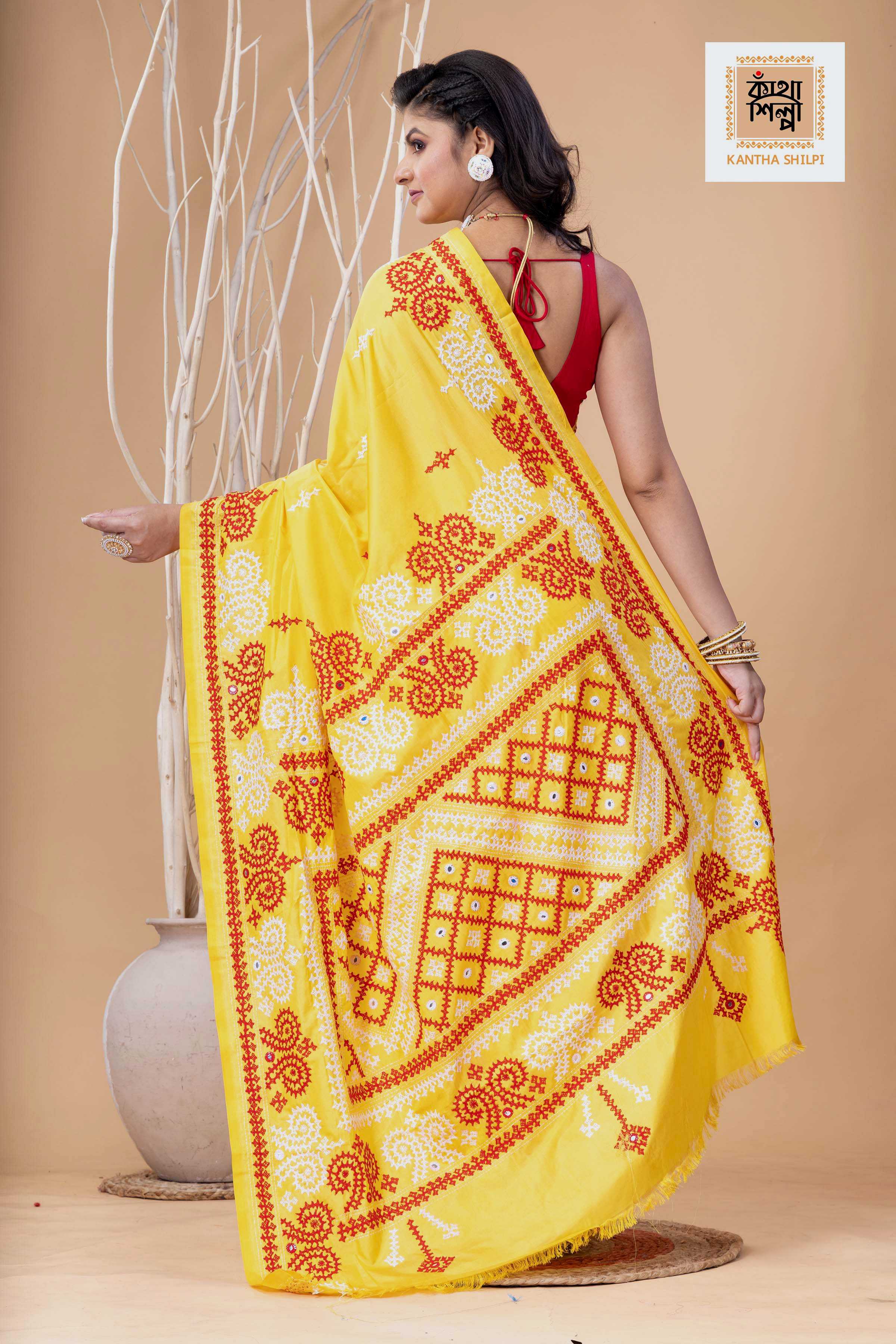 Yellow Bangalore Silk Red-White Thread Work Gujrati Stitch Saree