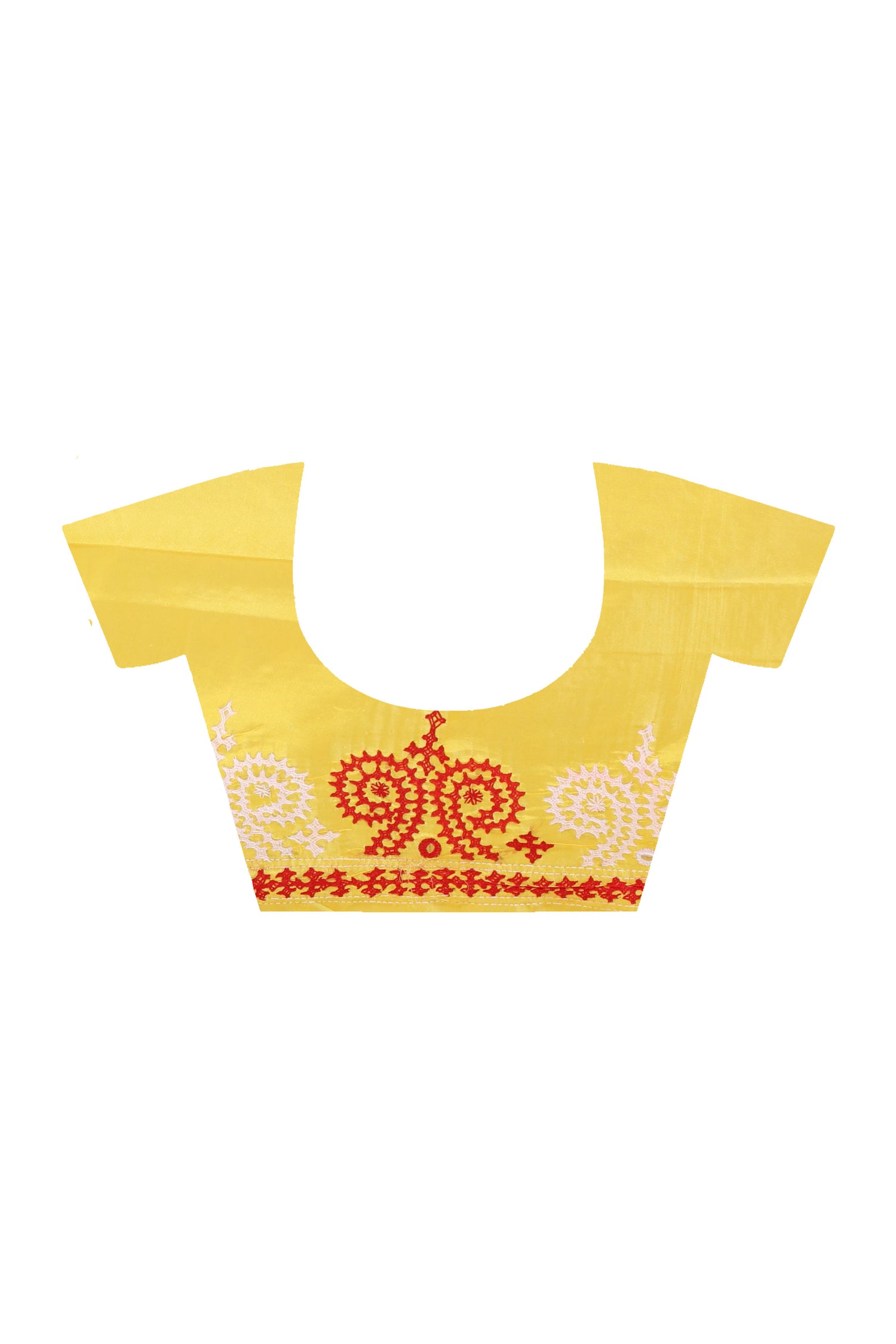 Yellow Bangalore Silk Red-White Thread Work Gujrati Stitch Saree