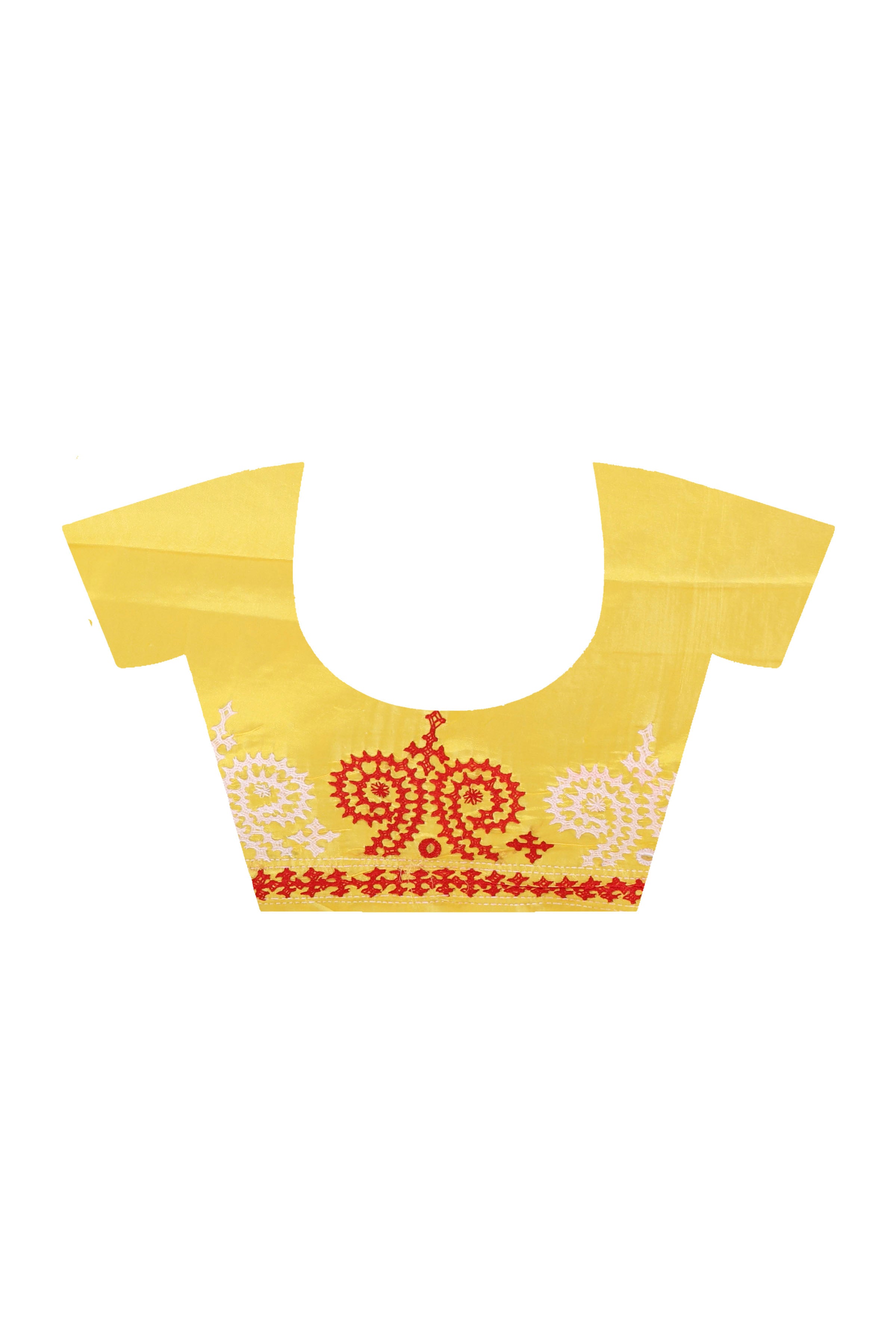 Yellow Bangalore Silk Red-White Thread Work Gujrati Stitch Saree