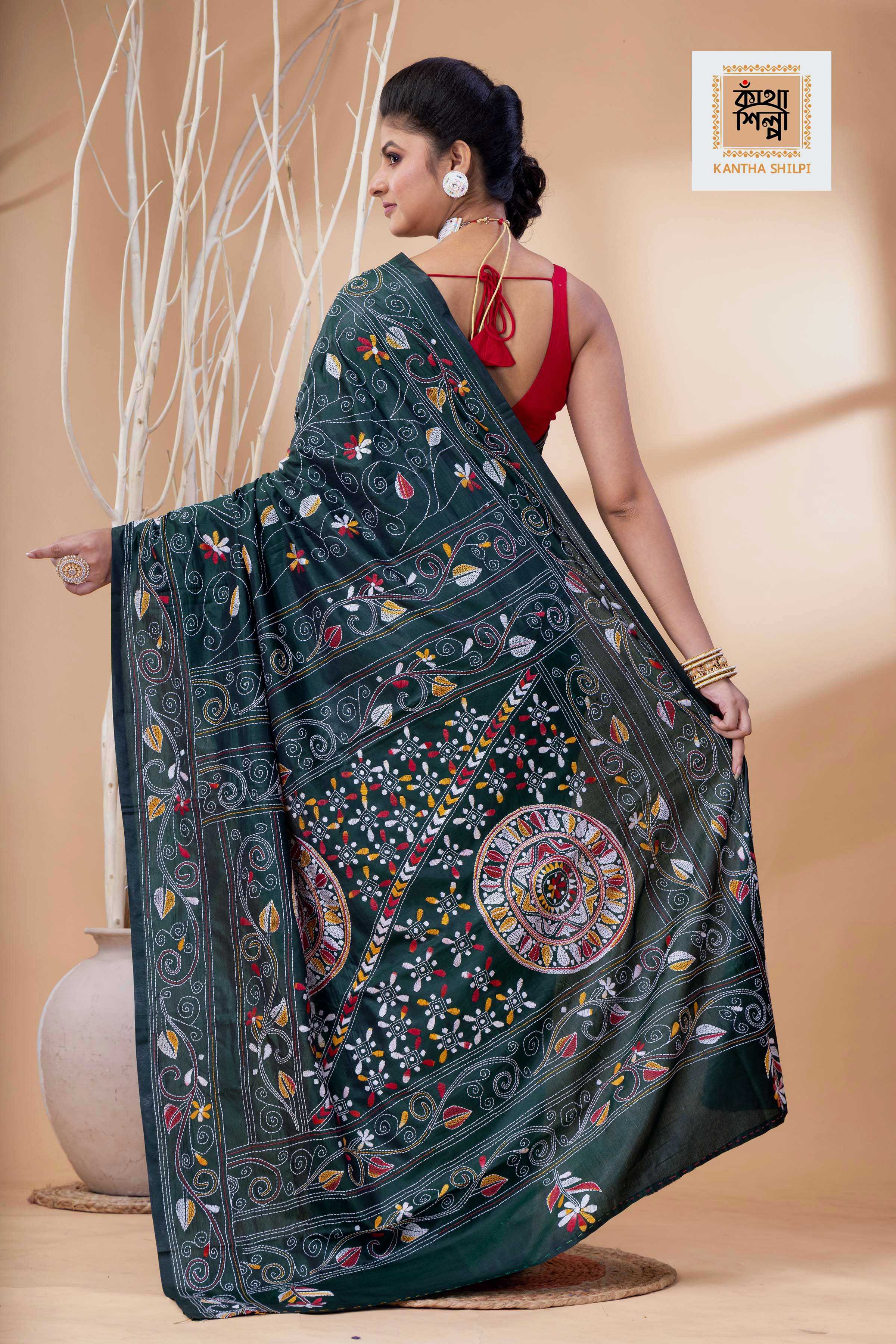 Dark Green Color Bangalore Silk Multicolor Thread Work Kantha Stitch Saree