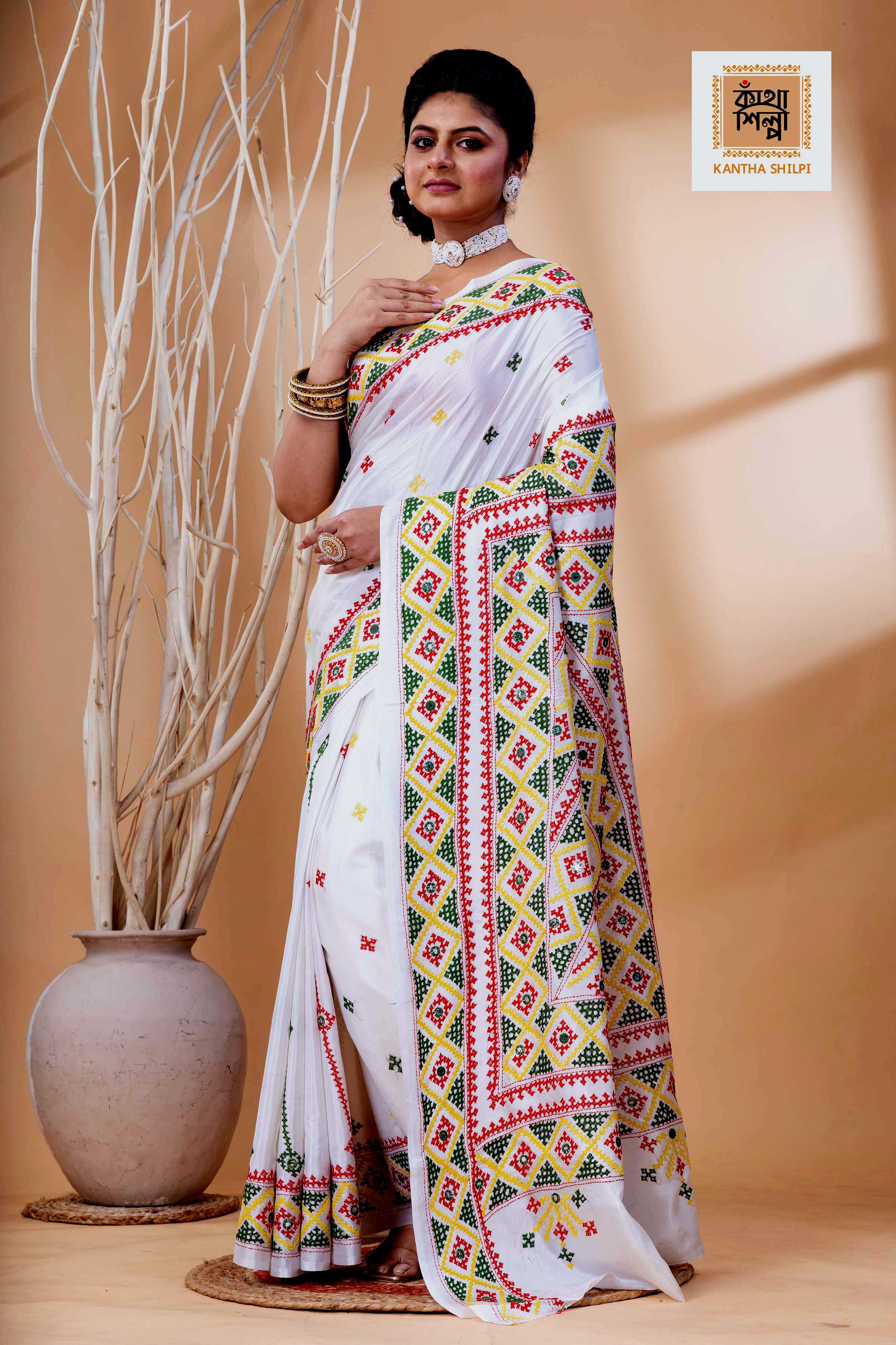 White Bangalore Silk Tri-color Thread Work Gujrati Stitch Saree