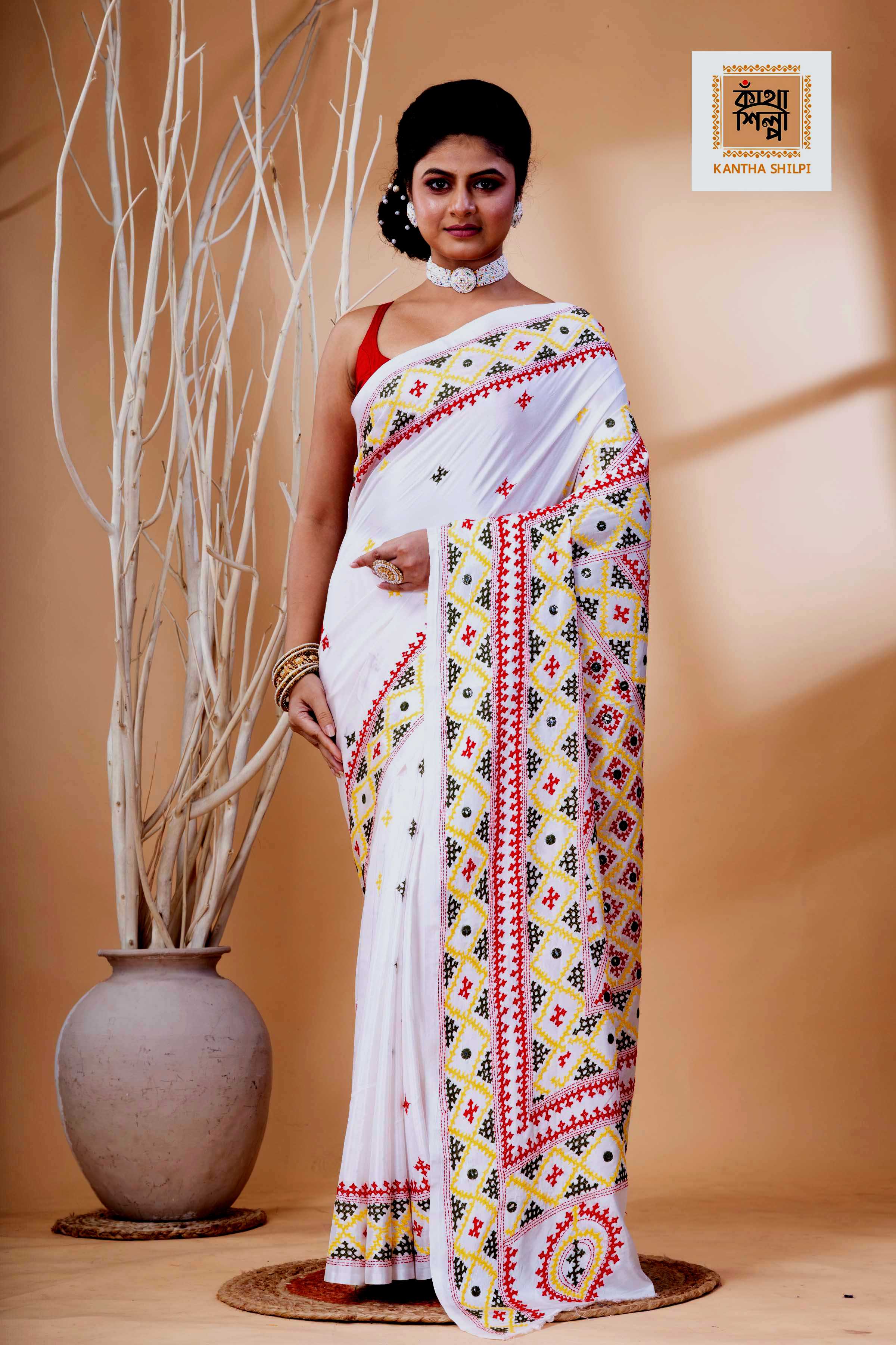 White Bangalore Silk Tri-color Thread Work Gujrati Stitch Saree