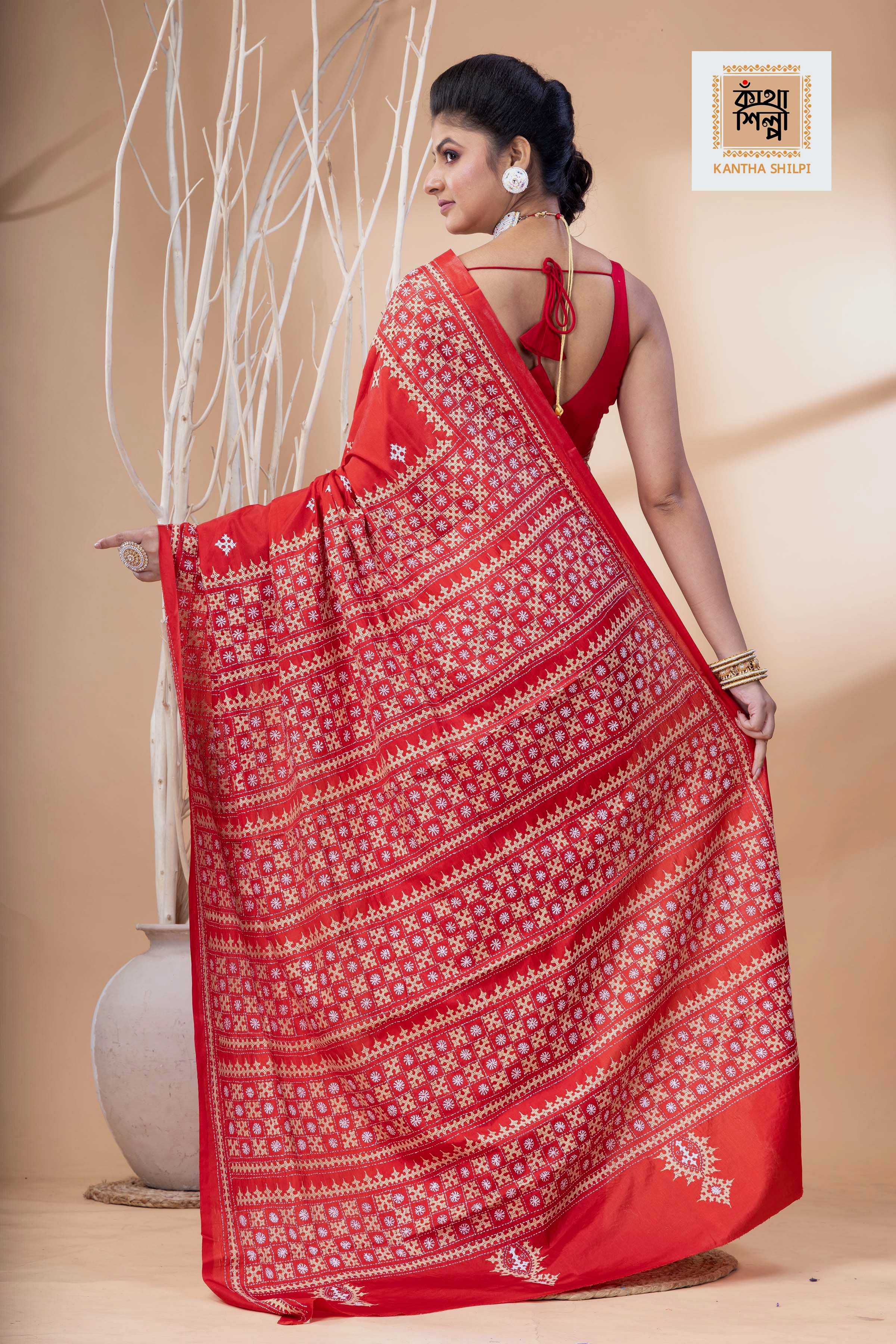 Red Bangalore Silk Beige-White Thread Work Gujrati Stitch Saree