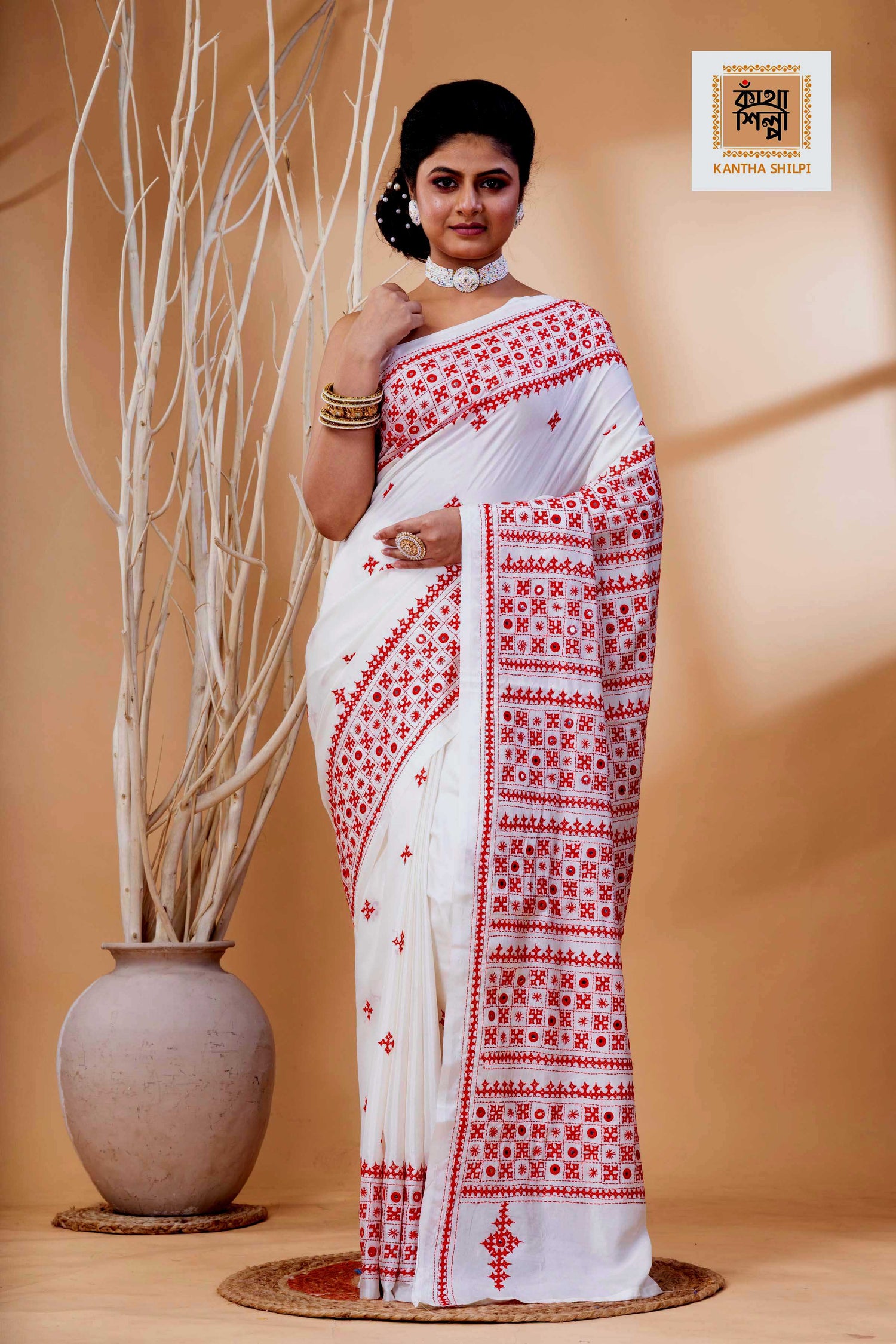 White Bangalore Silk Red Thread Work Gujrati Stitch Saree
