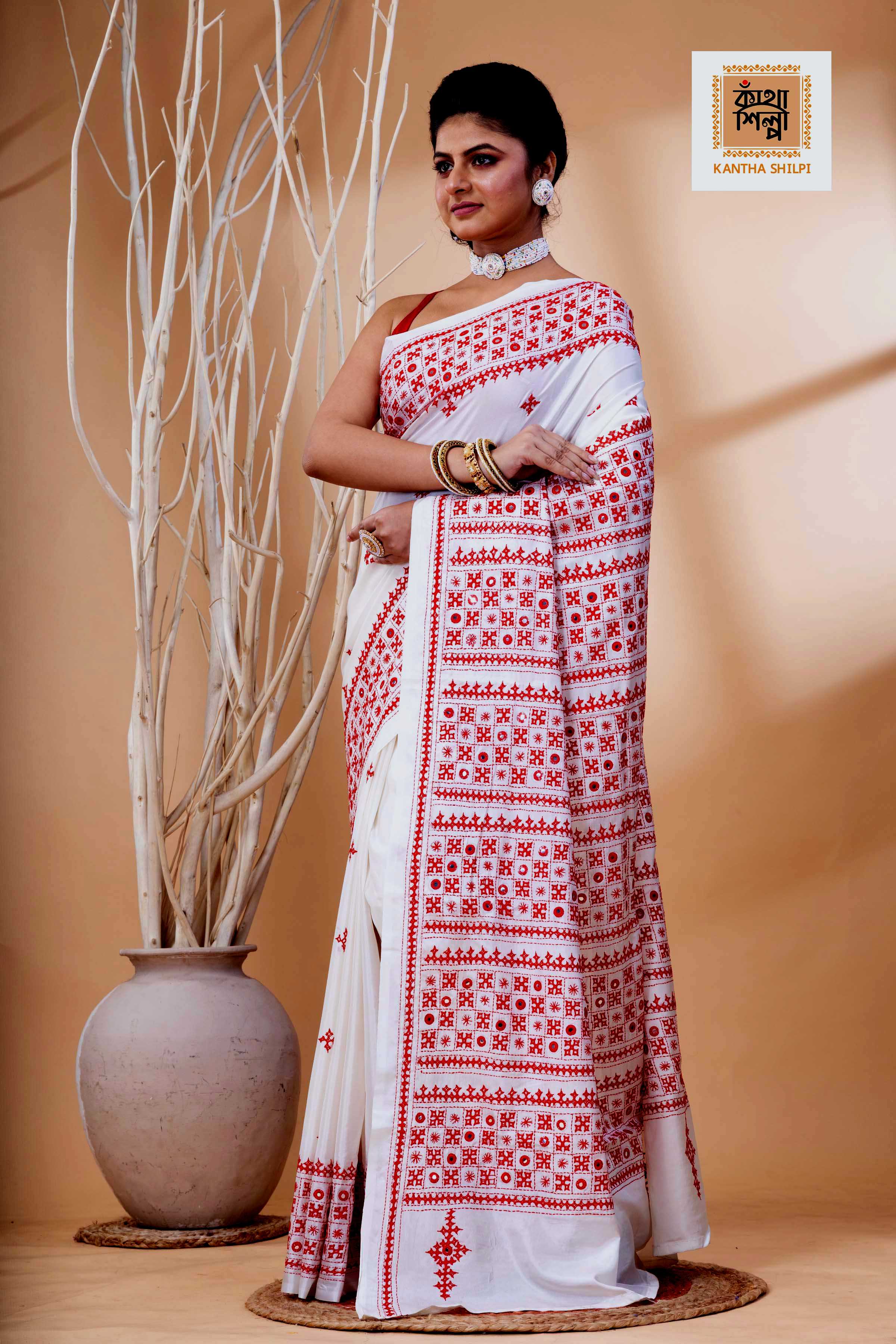 White Bangalore Silk Red Thread Work Gujrati Stitch Saree