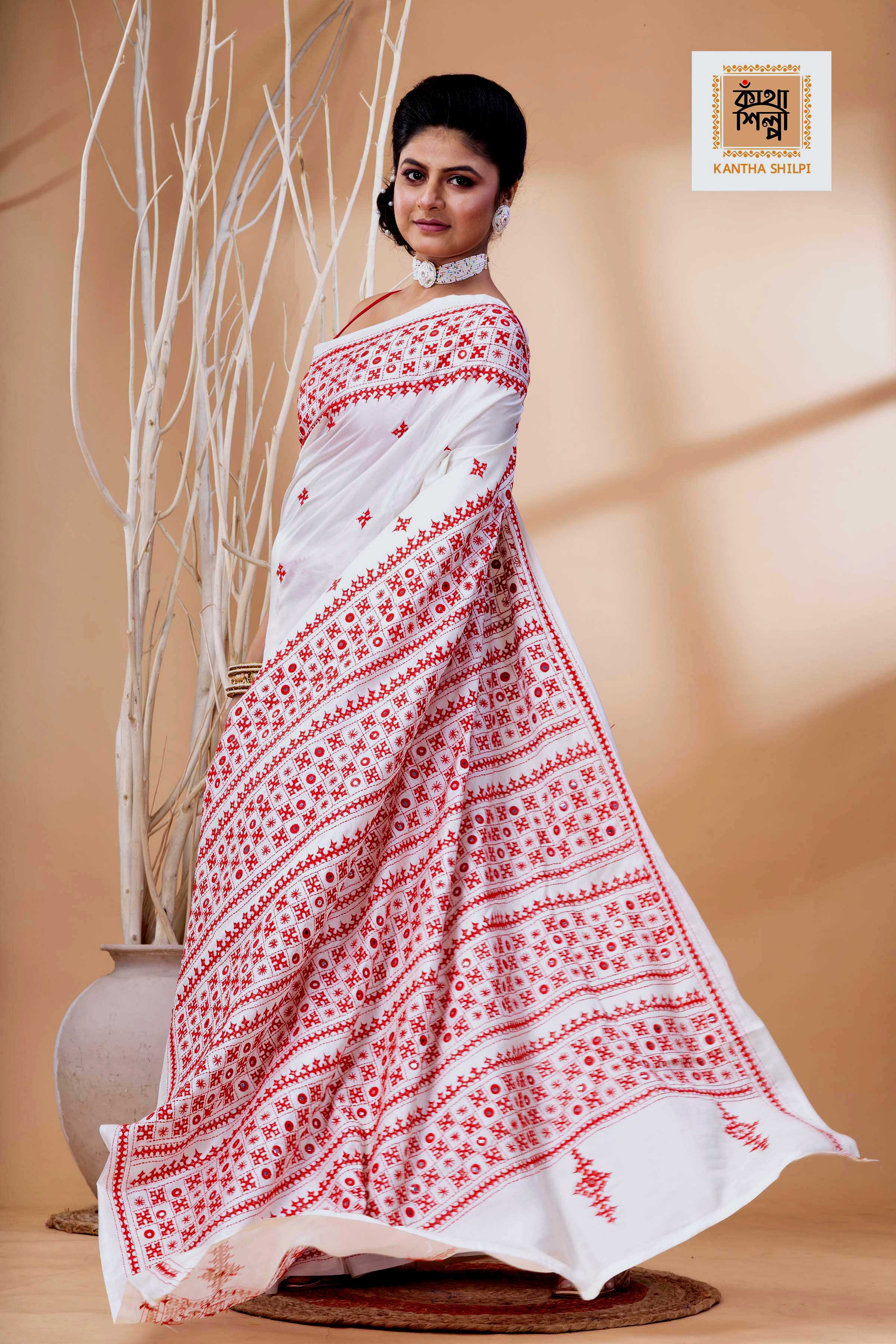 White Bangalore Silk Red Thread Work Gujrati Stitch Saree