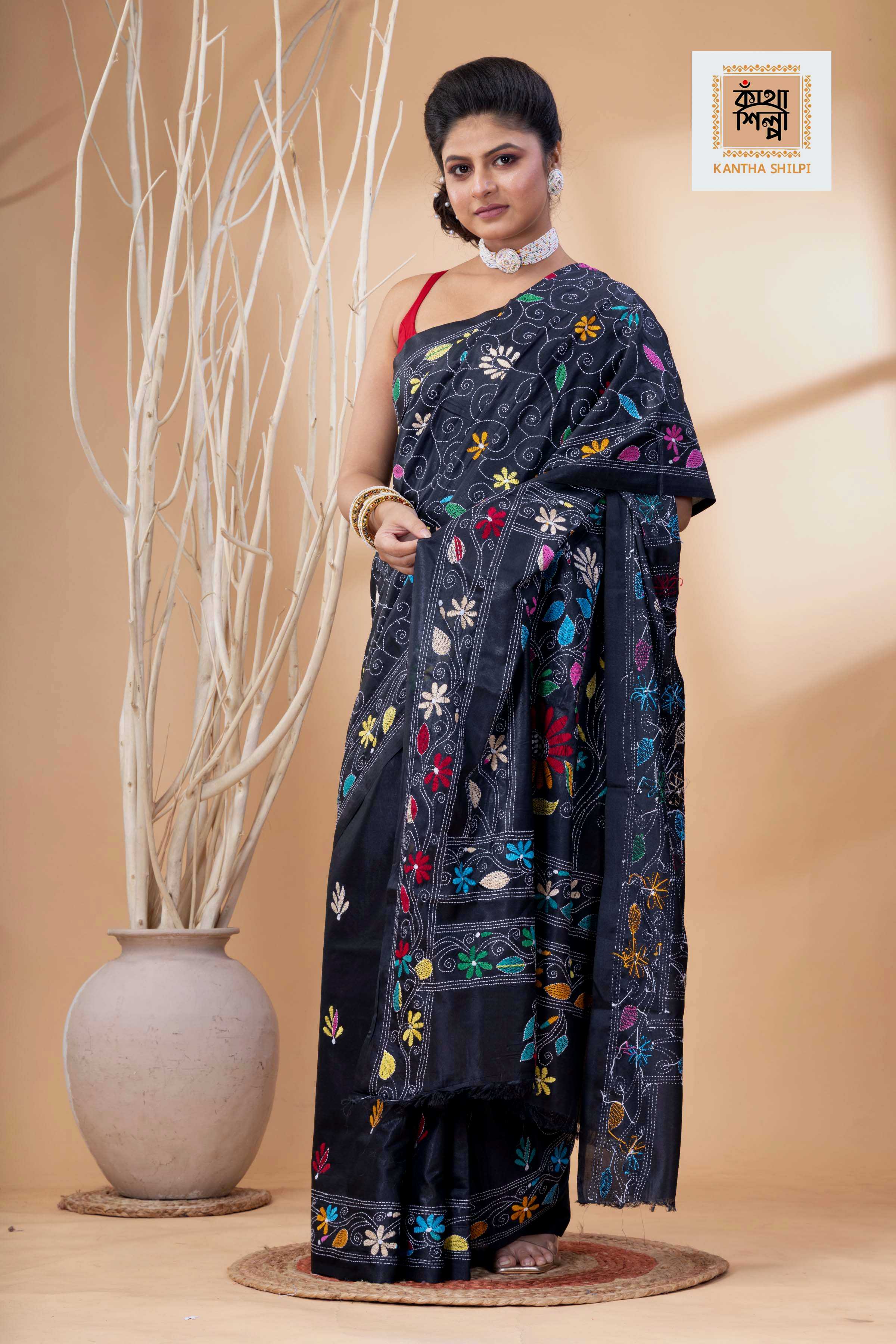 Black Color Bangalore Silk Multicolor Thread Work Kantha Stitch Saree