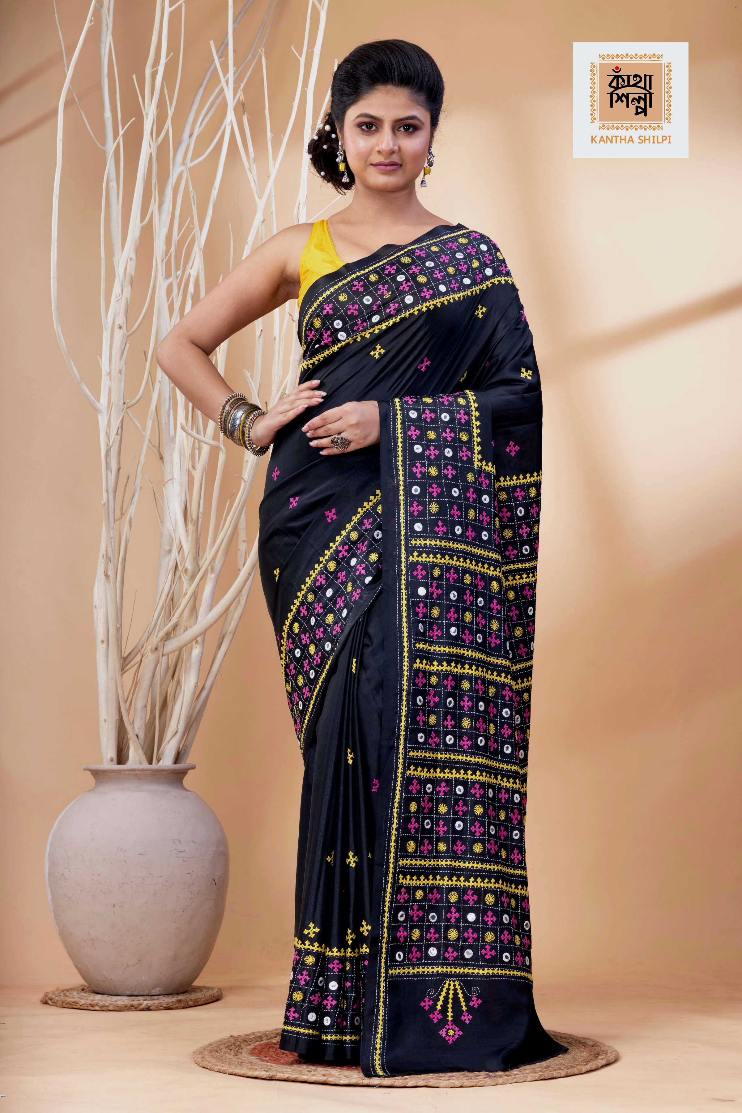 Black Bangalore Silk Yellow-Pink Thread Work Gujrati Stitch Saree