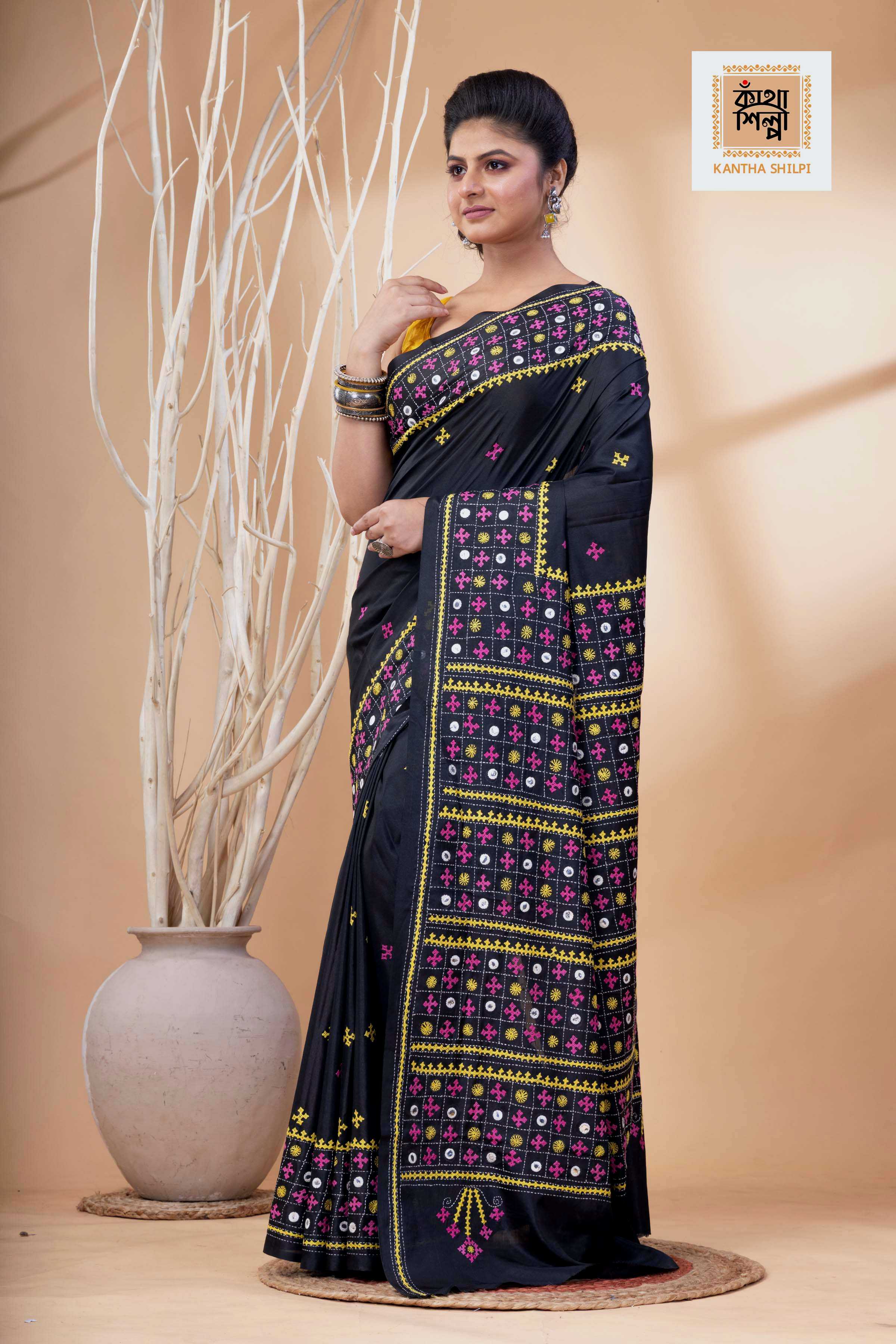 Black Bangalore Silk Yellow-Pink Thread Work Gujrati Stitch Saree
