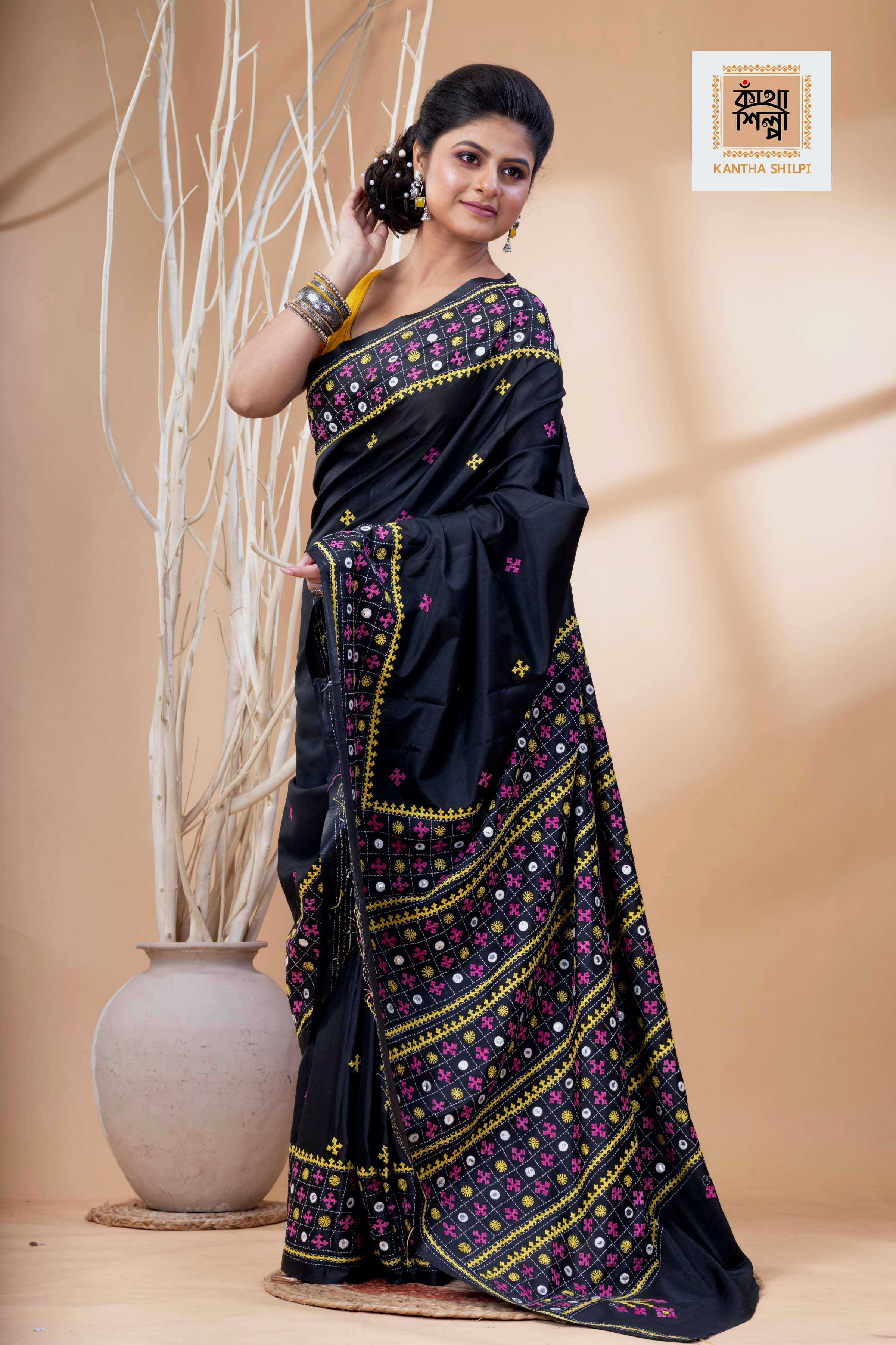 Black Bangalore Silk Yellow-Pink Thread Work Gujrati Stitch Saree