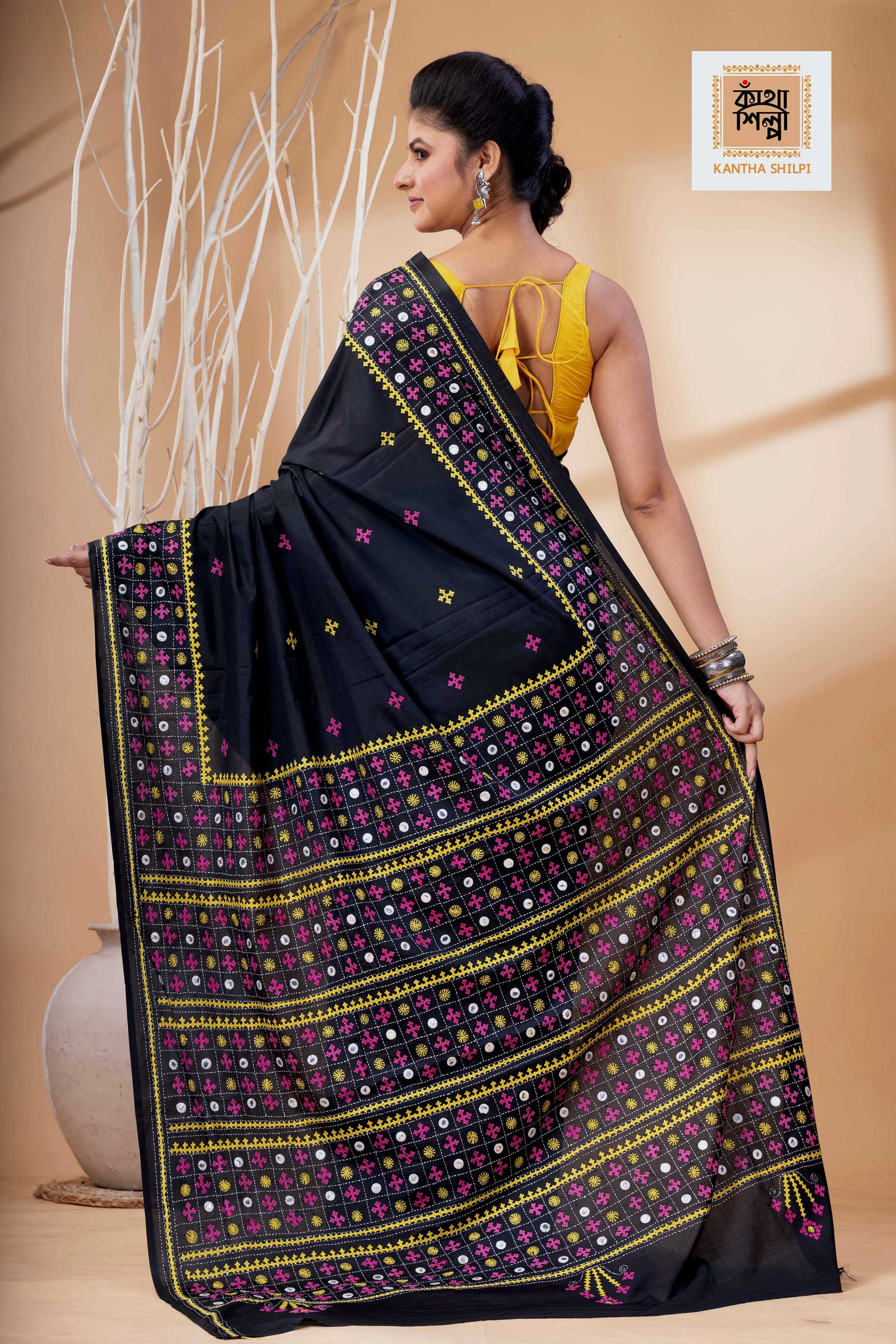 Black Bangalore Silk Yellow-Pink Thread Work Gujrati Stitch Saree