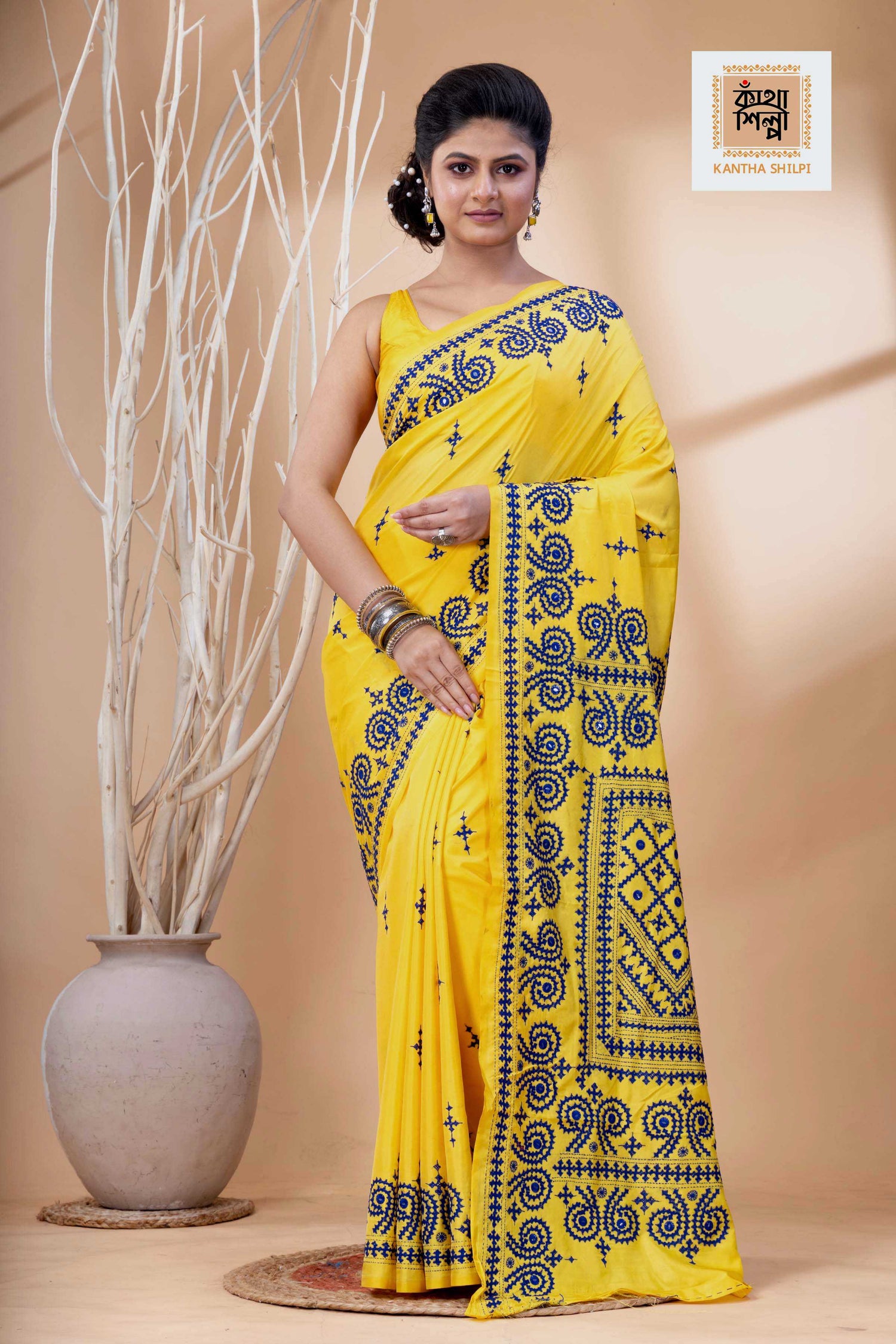 Yellow Bangalore Silk Blue Thread Work Gujrati Stitch Saree