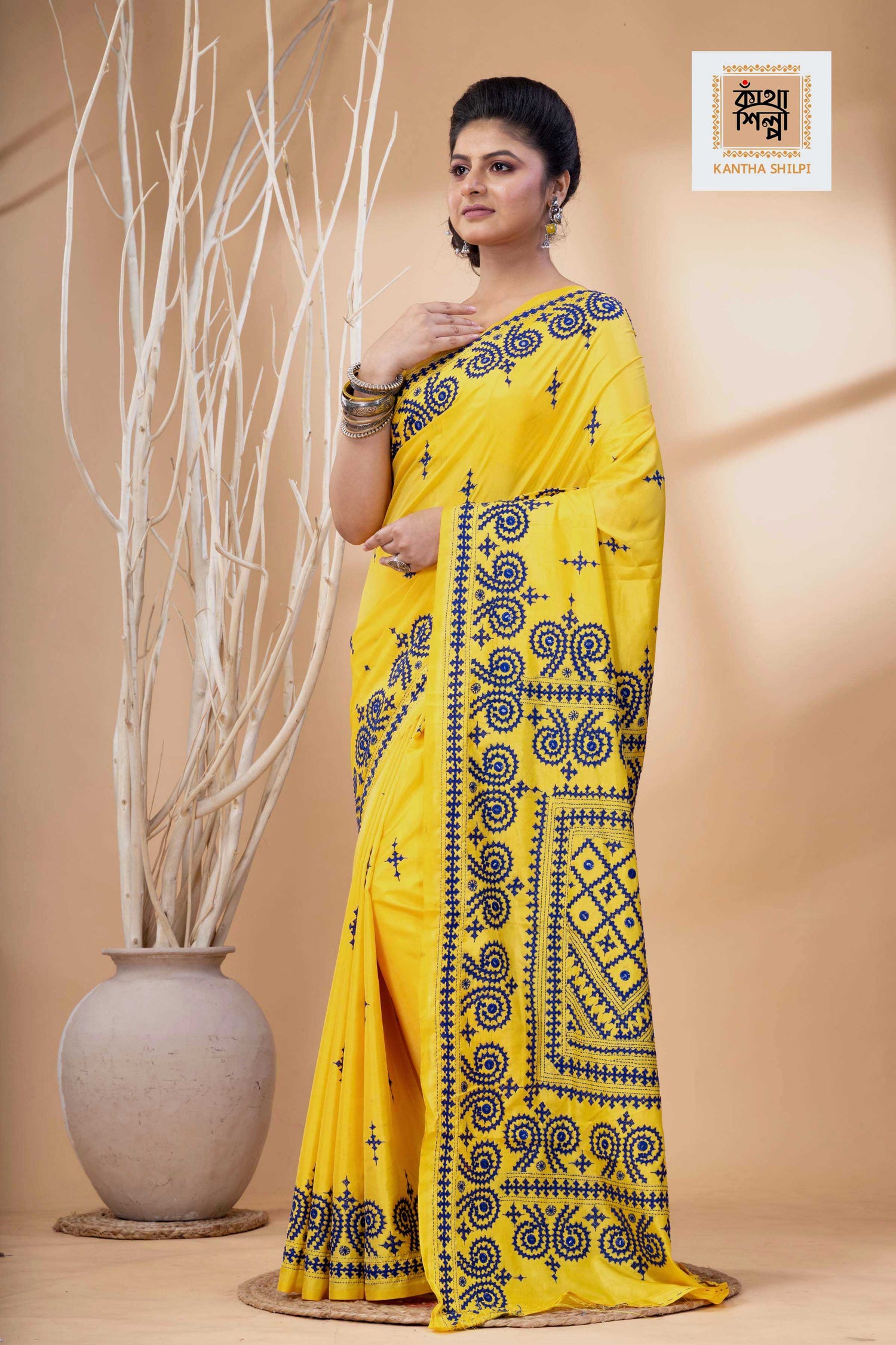 Yellow Bangalore Silk Blue Thread Work Gujrati Stitch Saree