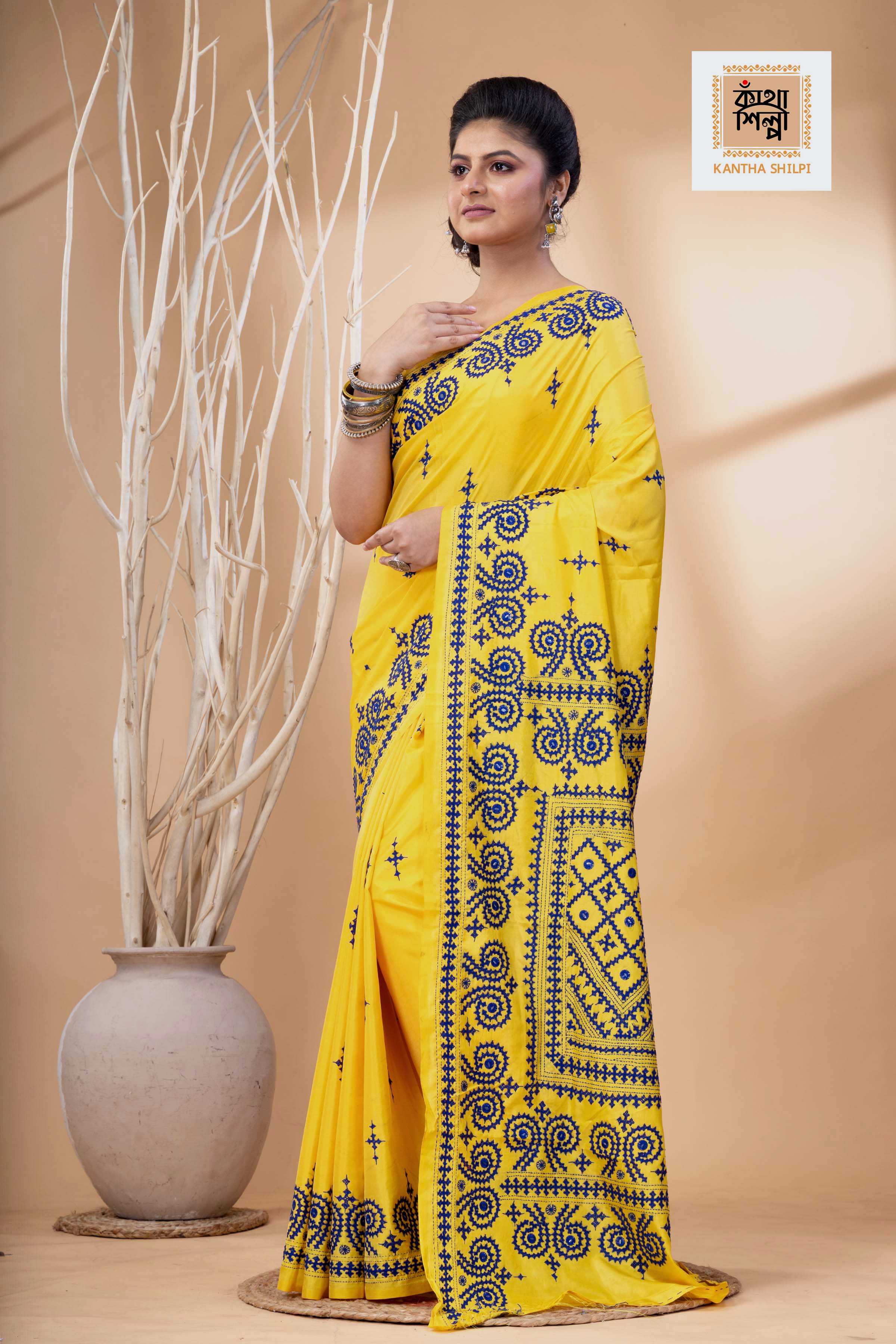 Yellow Bangalore Silk Blue Thread Work Gujrati Stitch Saree