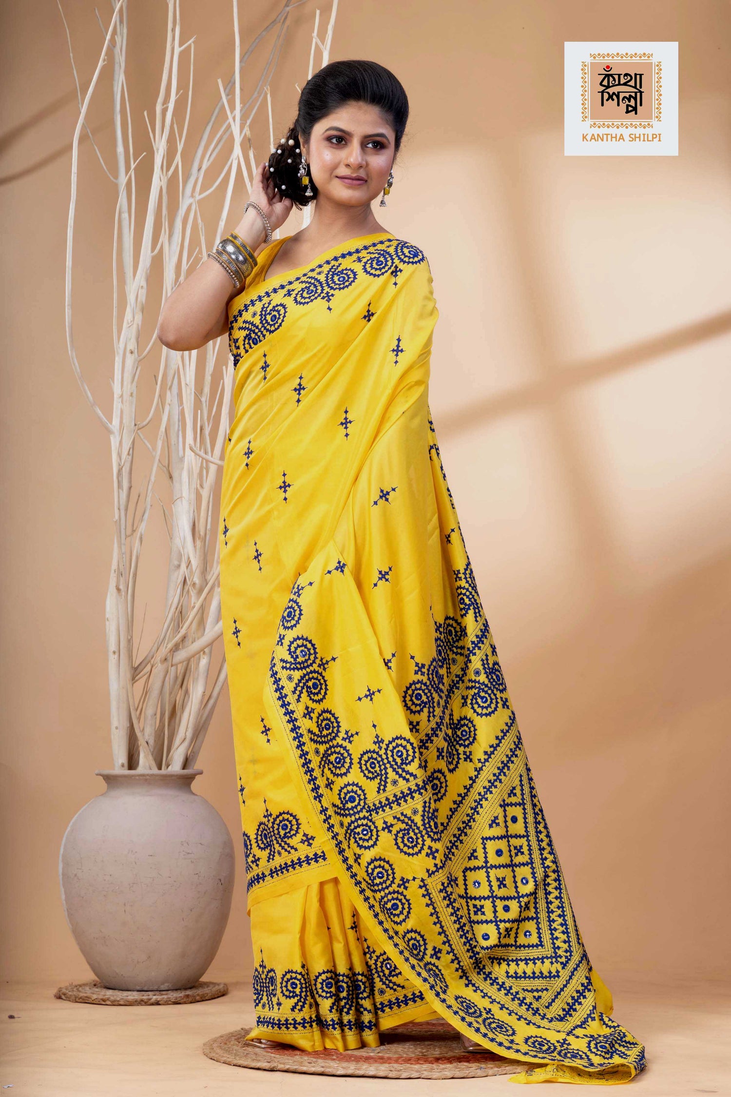 Yellow Bangalore Silk Blue Thread Work Gujrati Stitch Saree