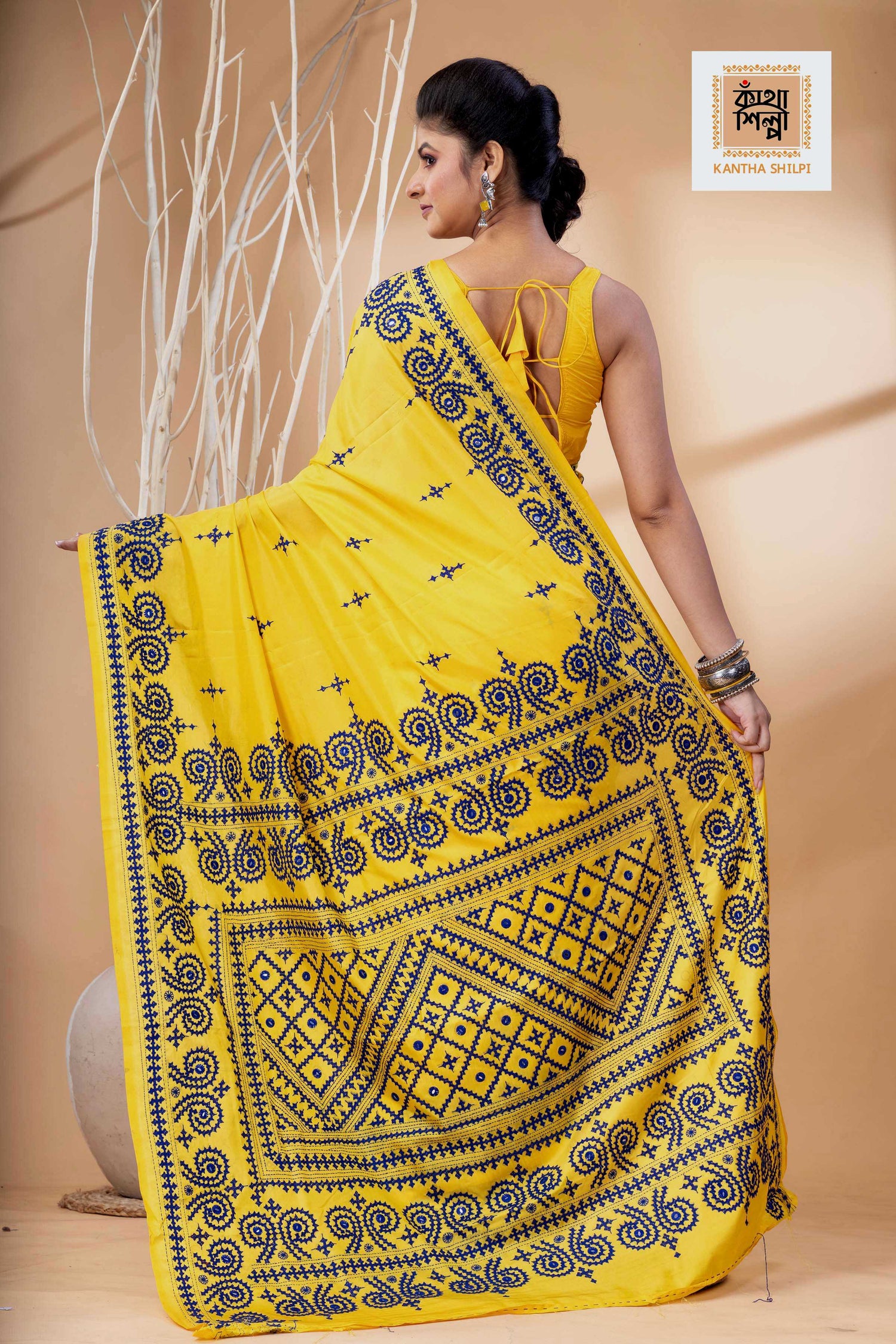 Yellow Bangalore Silk Blue Thread Work Gujrati Stitch Saree