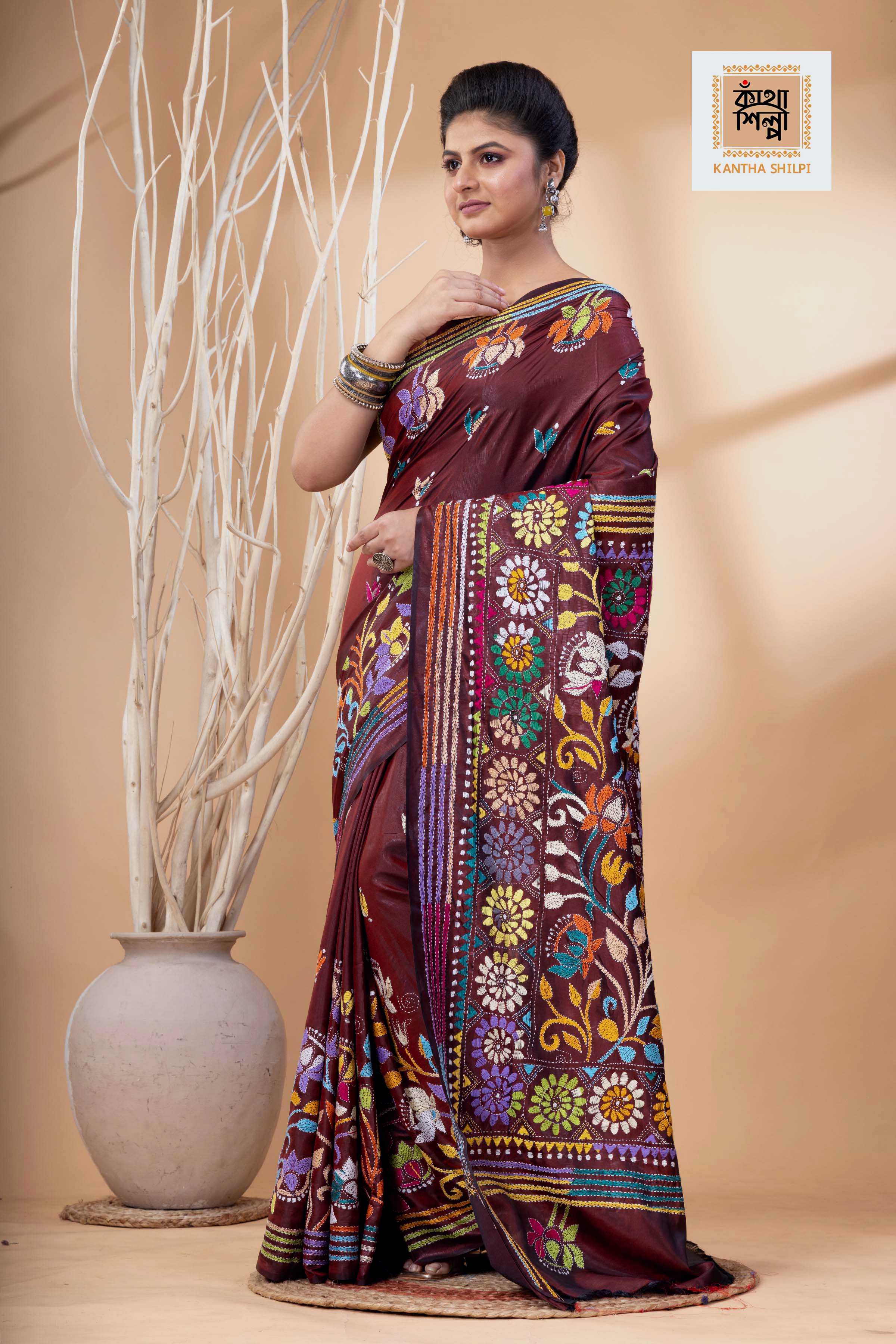 Maroon Color Bangalore Silk Multicolor Thread Work Kantha Stitch Saree