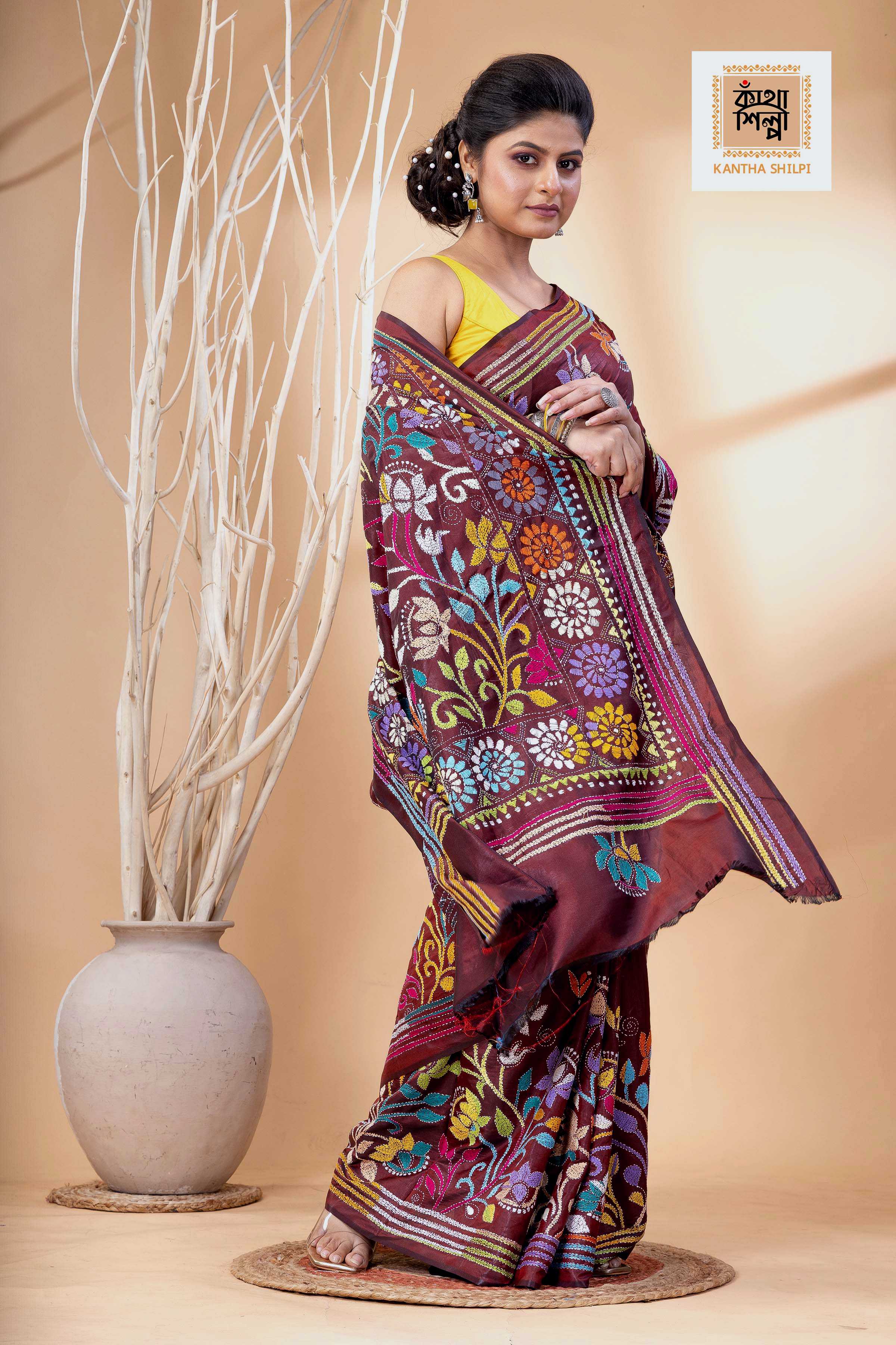 Maroon Color Bangalore Silk Multicolor Thread Work Kantha Stitch Saree