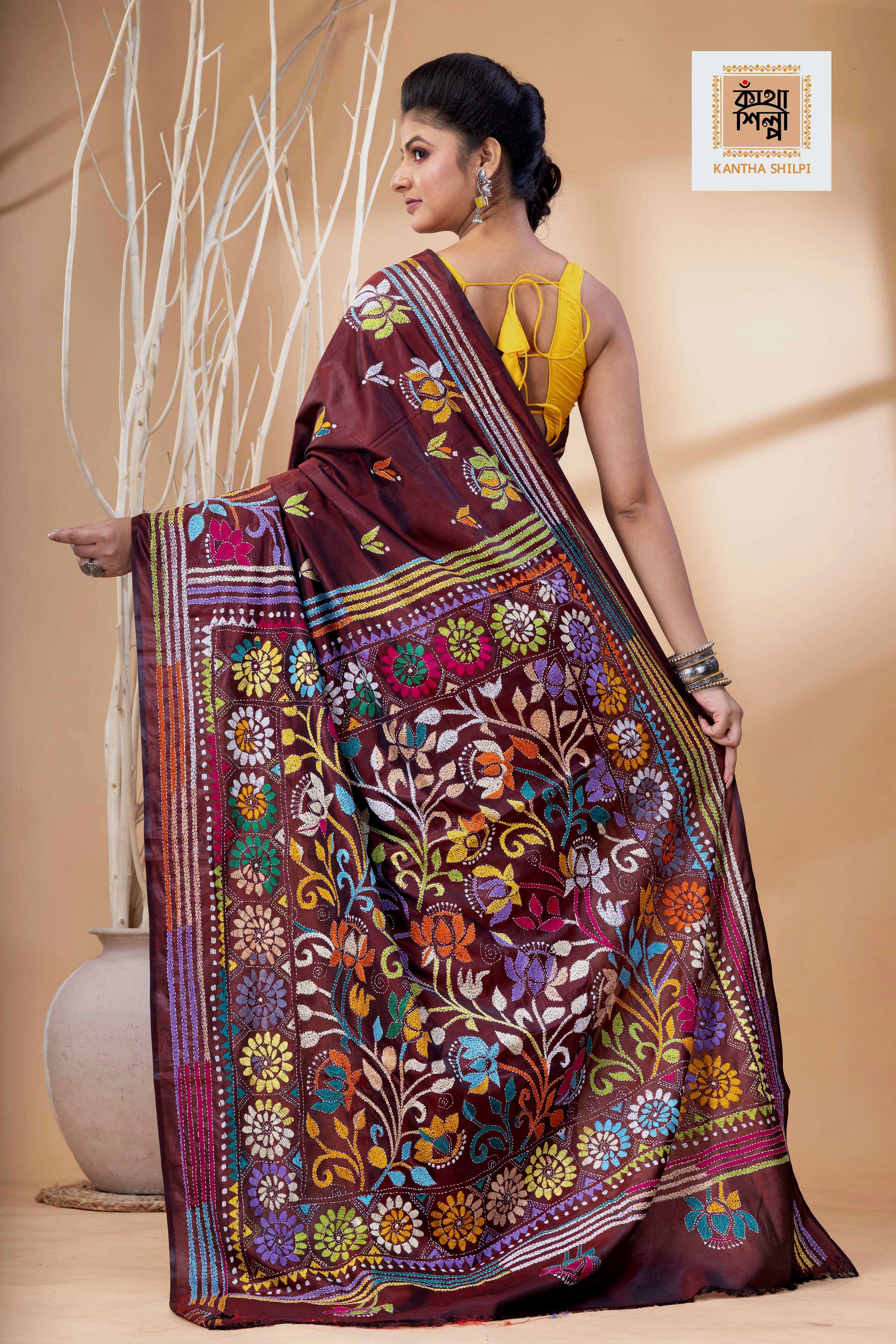 Maroon Color Bangalore Silk Multicolor Thread Work Kantha Stitch Saree