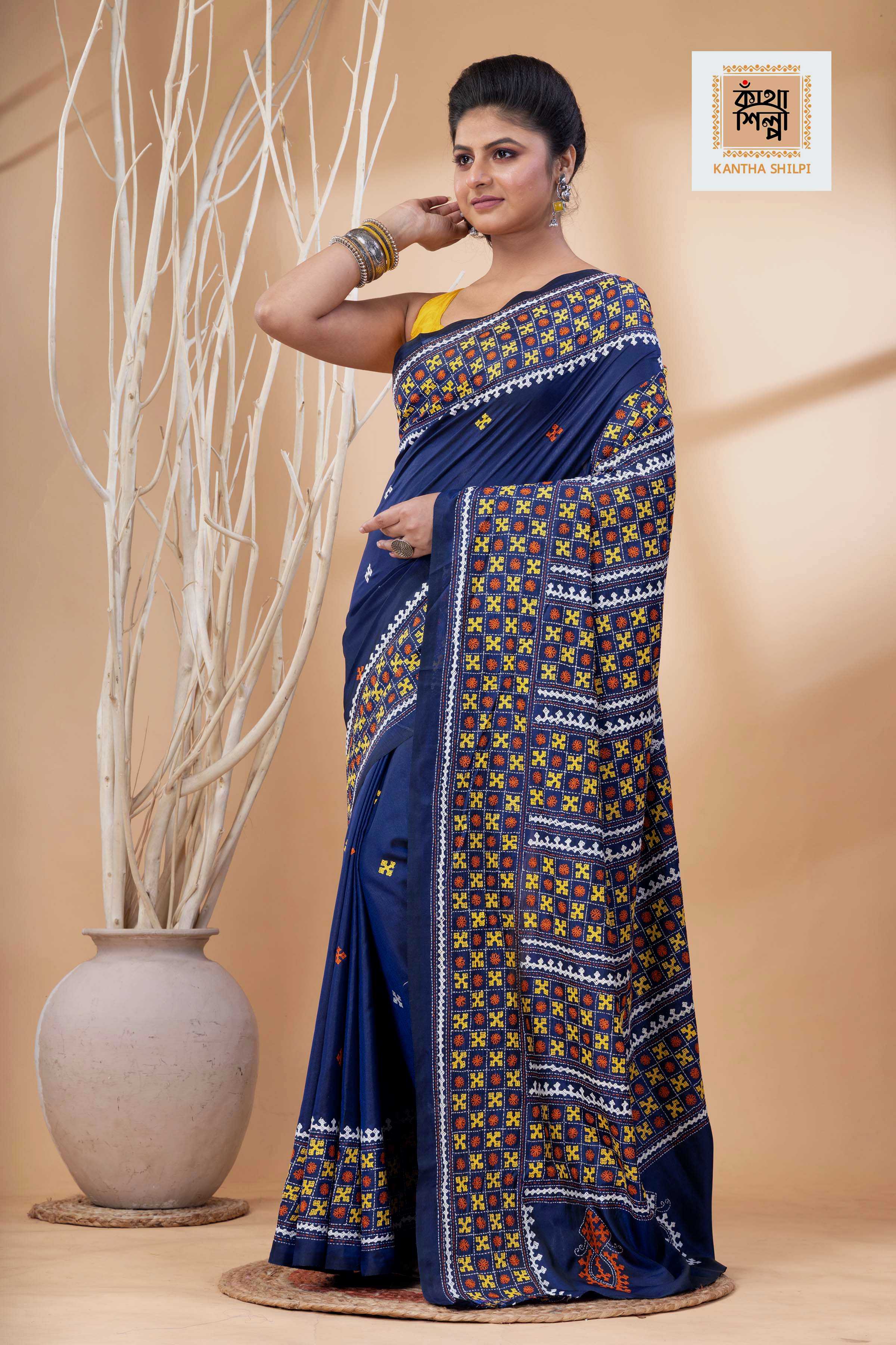Blue Bangalore Silk Tri-color Thread Work Gujrati Stitch Saree