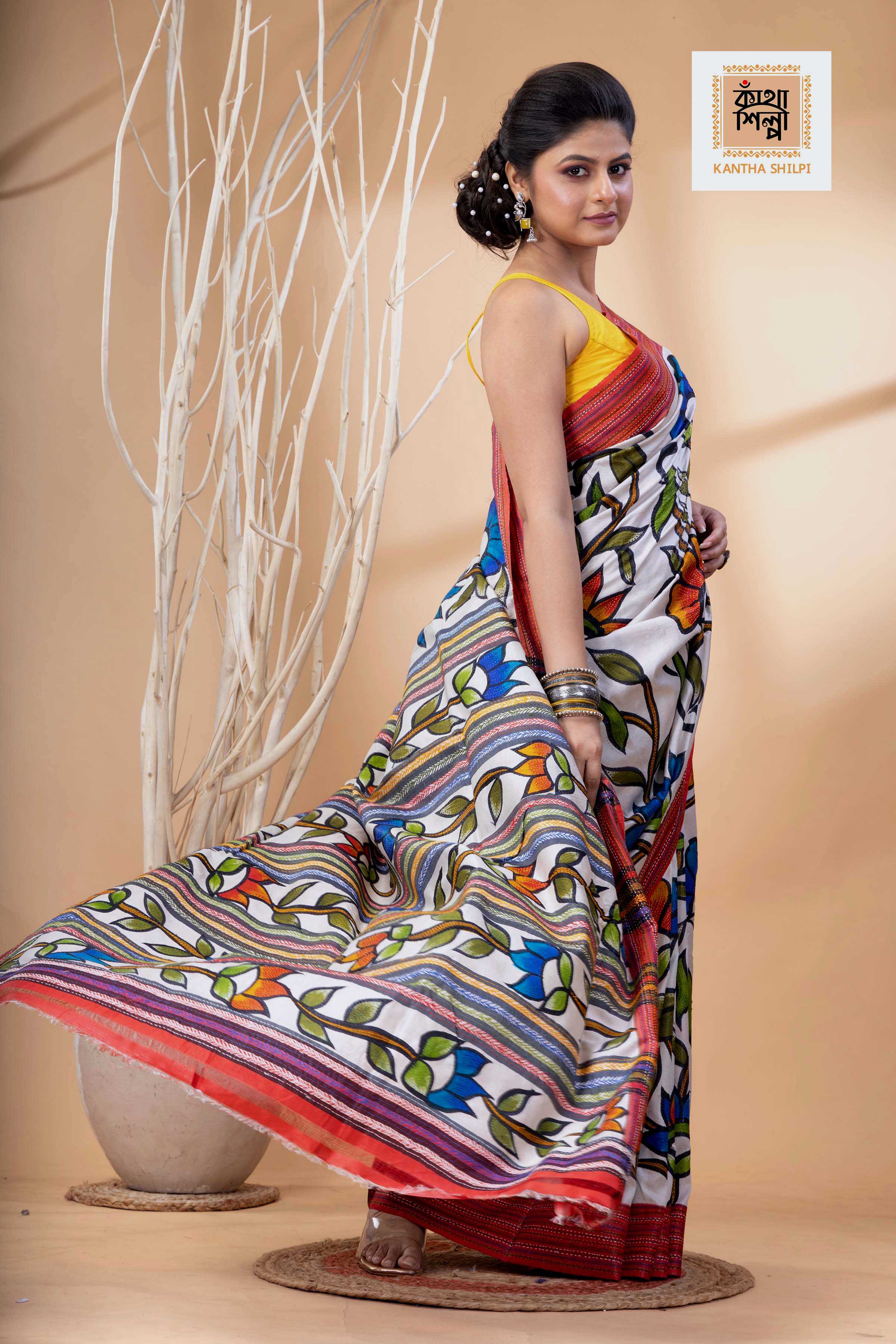 Bishnupur Silk Multicolor Thread Work Floral Design Kantha Stitch Saree