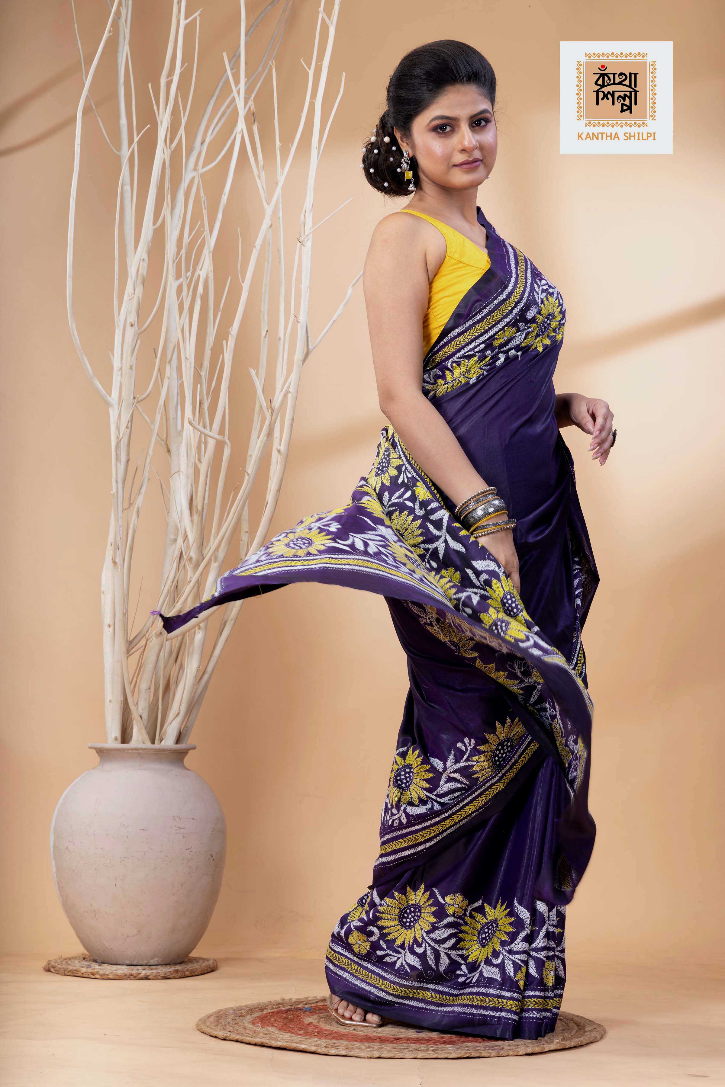 Purple Color Bangalore Silk White Yellow Color Thread Work Kantha Stitch Saree