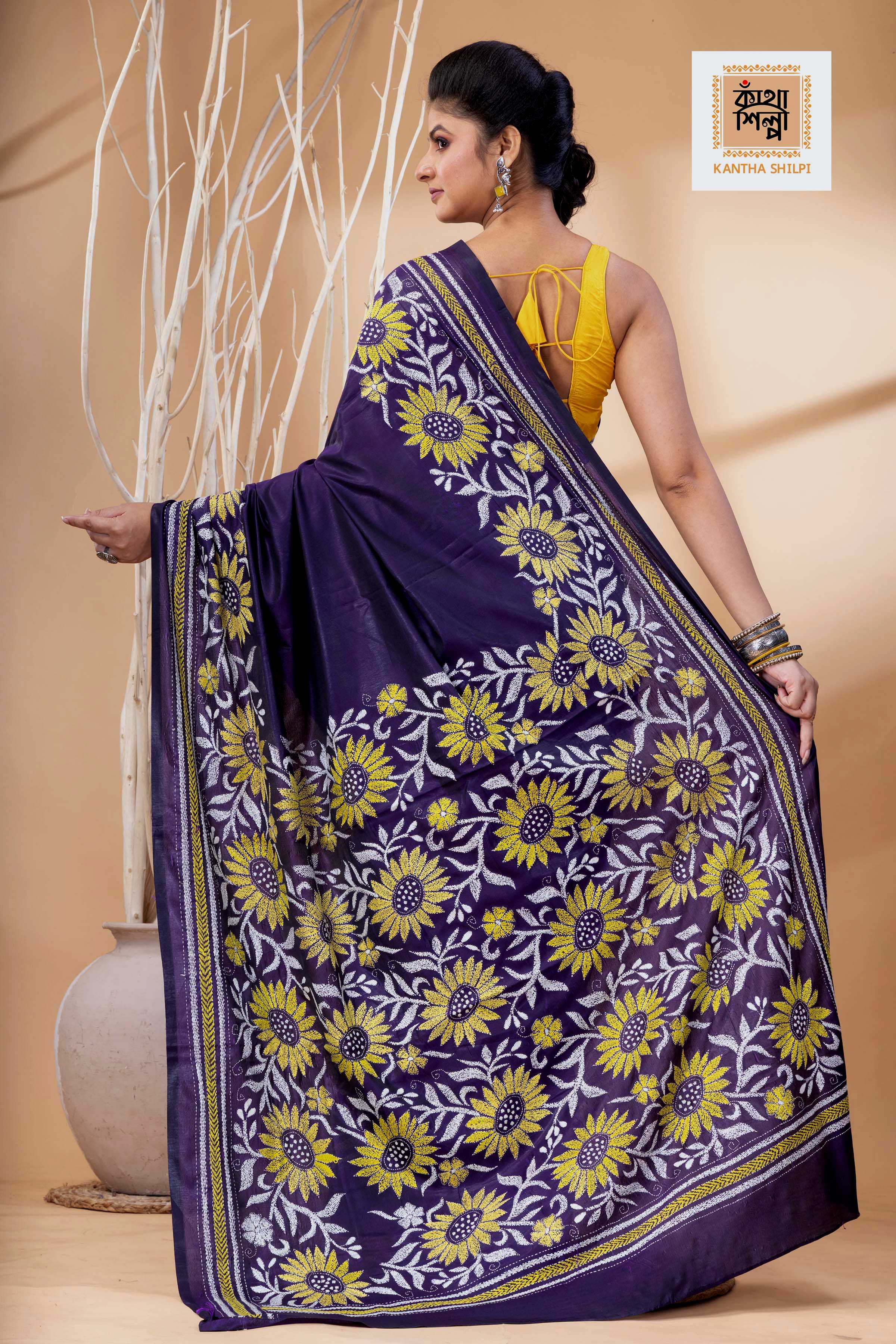 Purple Color Bangalore Silk White Yellow Color Thread Work Kantha Stitch Saree