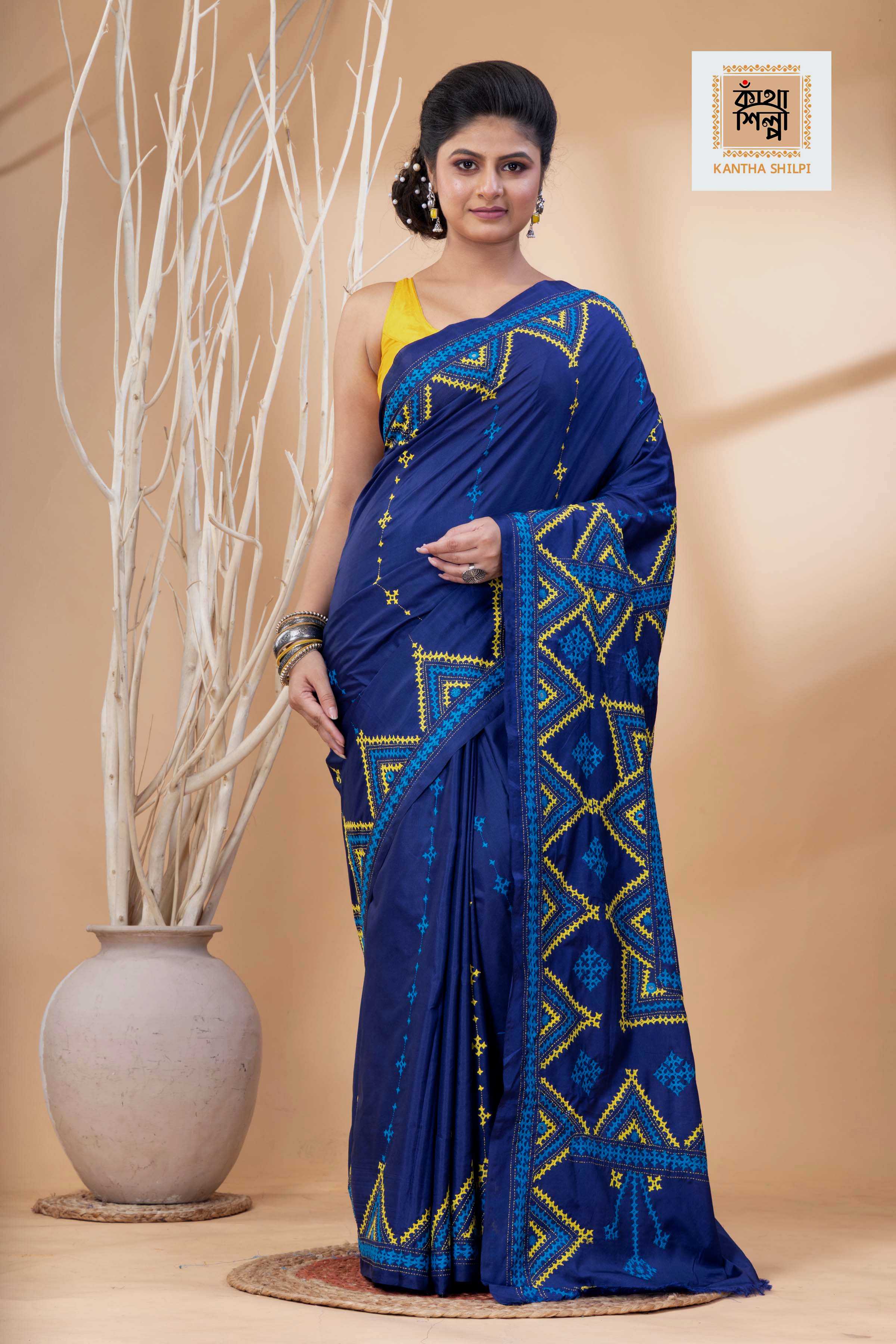 Navy Blue Bangalore Silk Yellow-Blue Thread Work Gujrati Stitch Saree