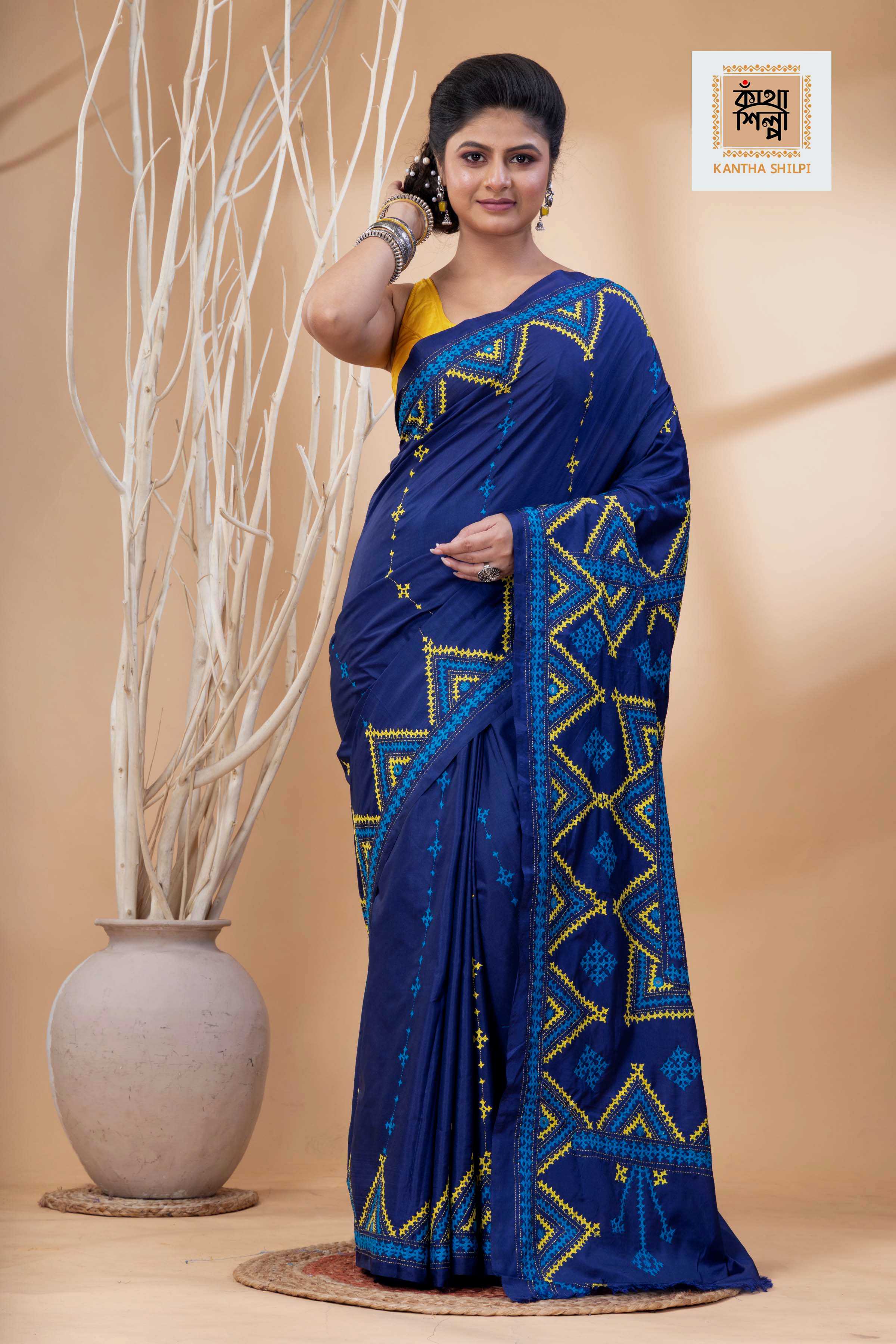 Navy Blue Bangalore Silk Yellow-Blue Thread Work Gujrati Stitch Saree