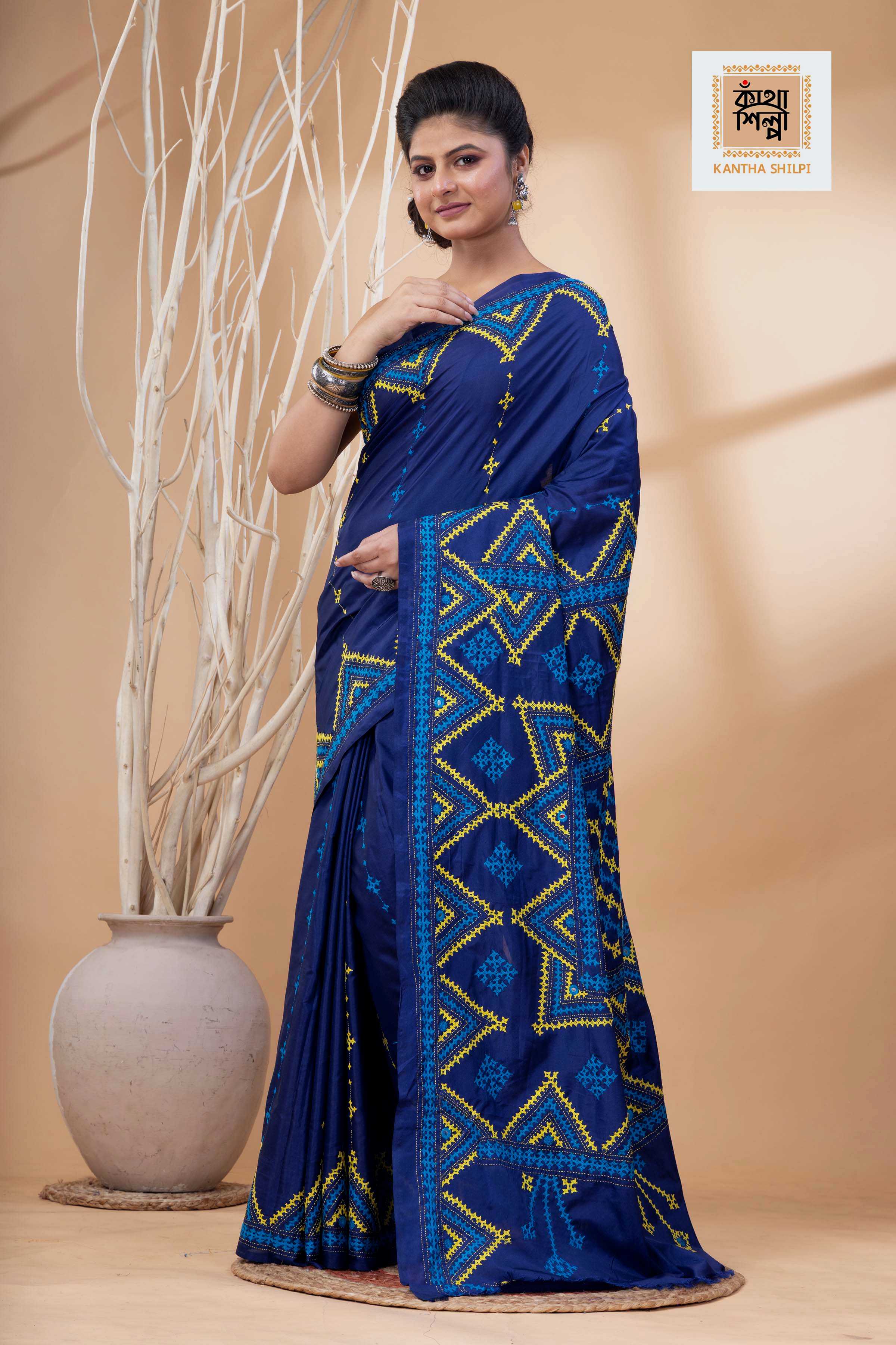 Navy Blue Bangalore Silk Yellow-Blue Thread Work Gujrati Stitch Saree