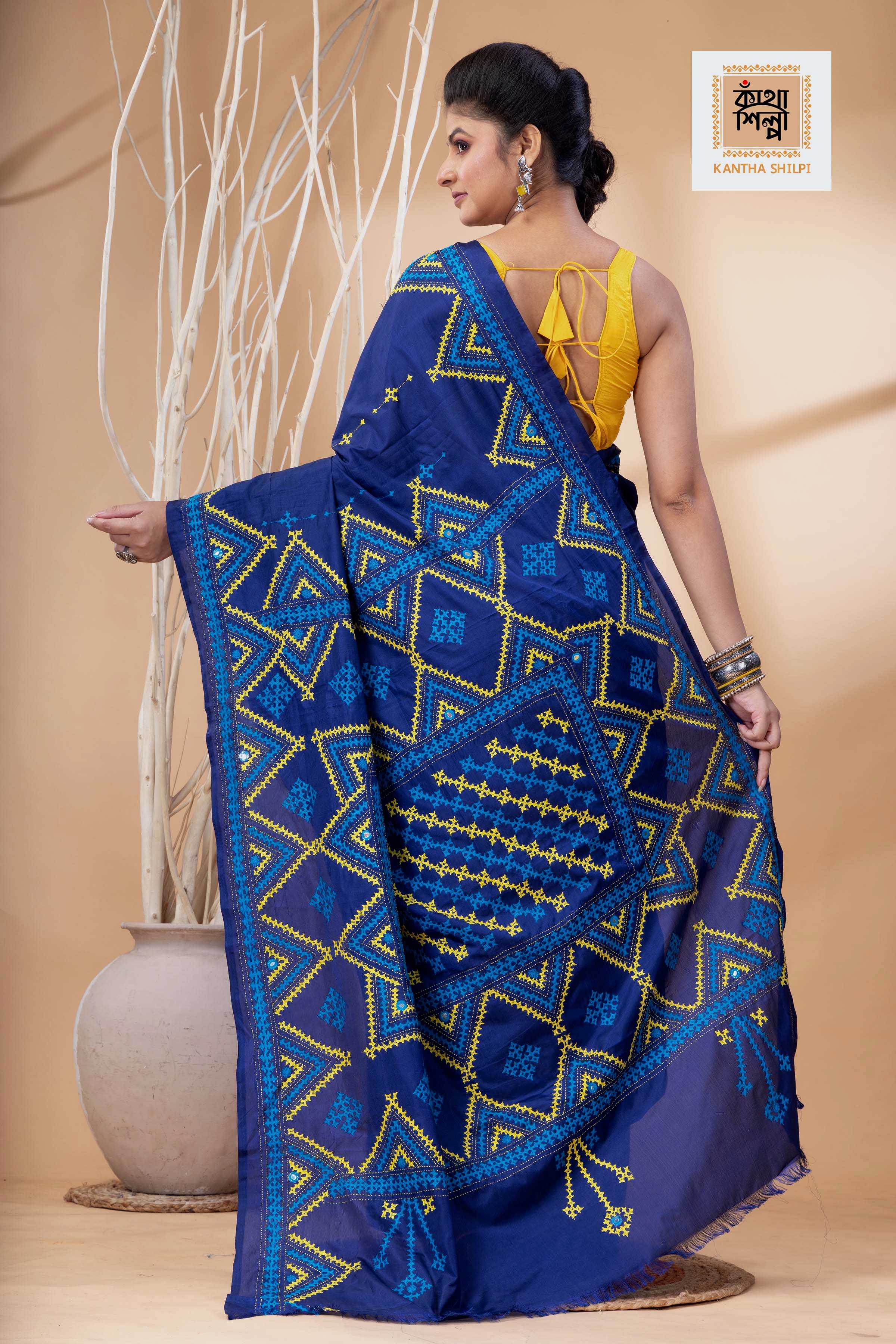Navy Blue Bangalore Silk Yellow-Blue Thread Work Gujrati Stitch Saree