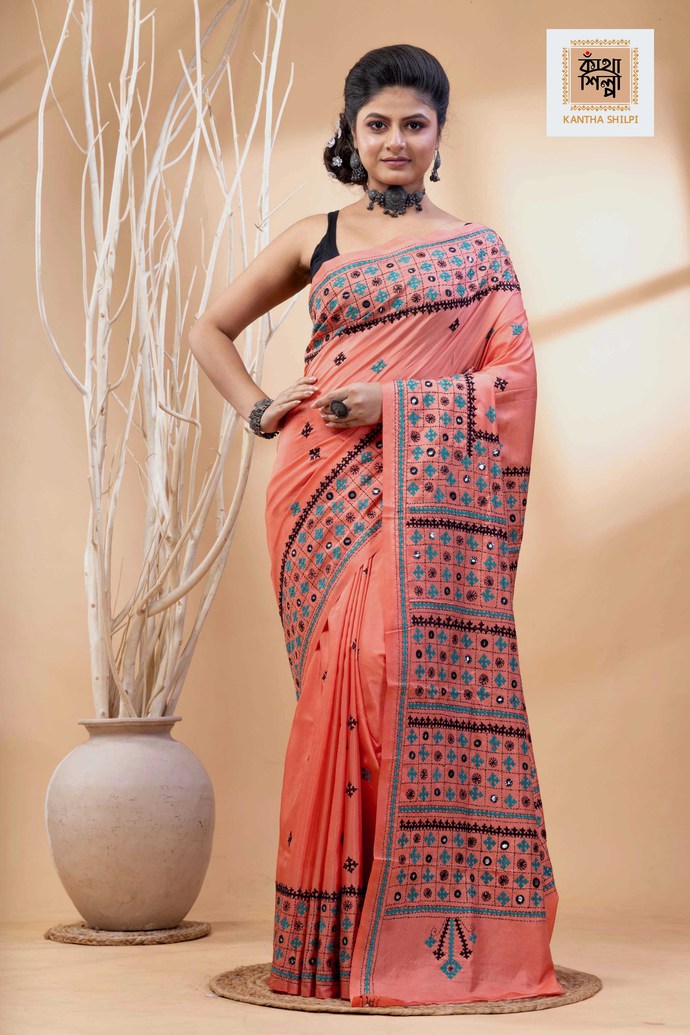 Carmine Pink Bangalore Silk Black-Green Thread Work Gujrati Stitch Saree