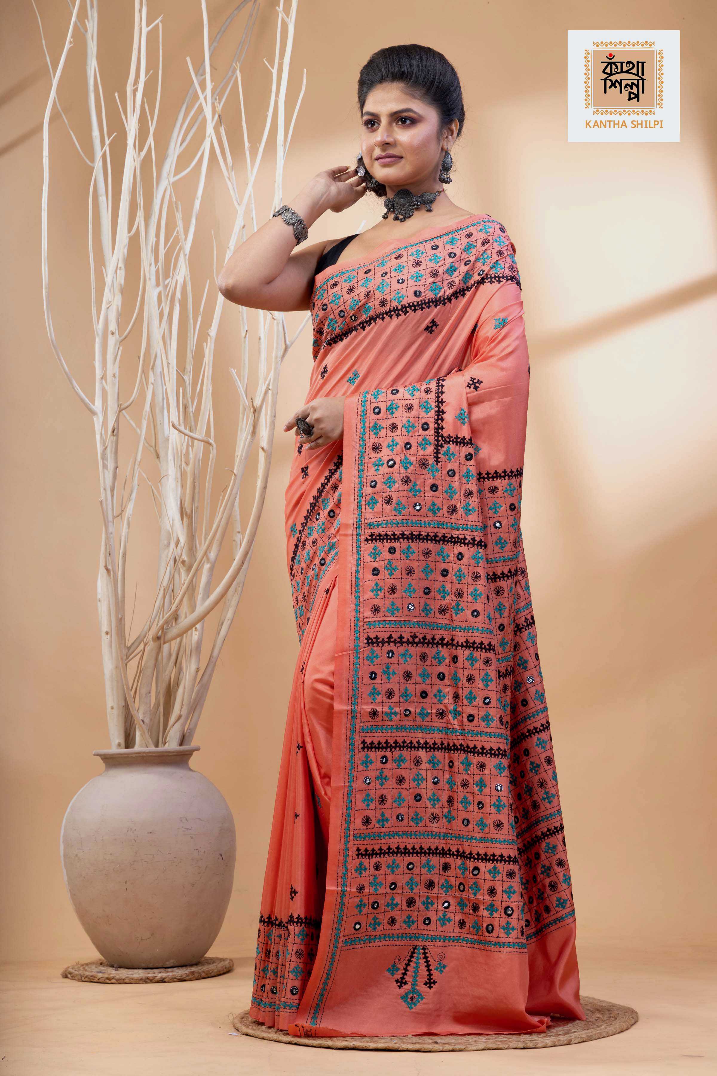 Carmine Pink Bangalore Silk Black-Green Thread Work Gujrati Stitch Saree