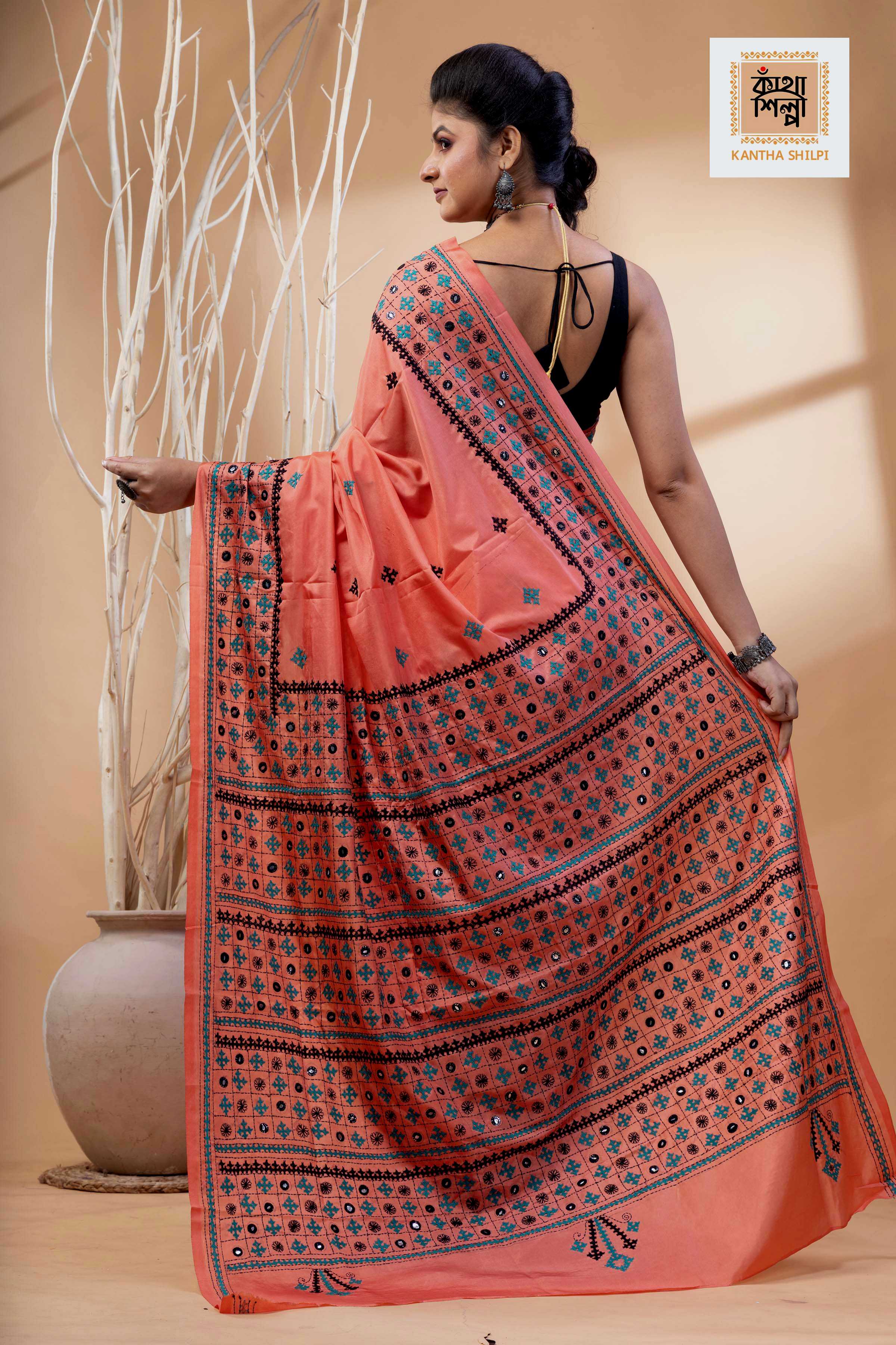 Carmine Pink Bangalore Silk Black-Green Thread Work Gujrati Stitch Saree