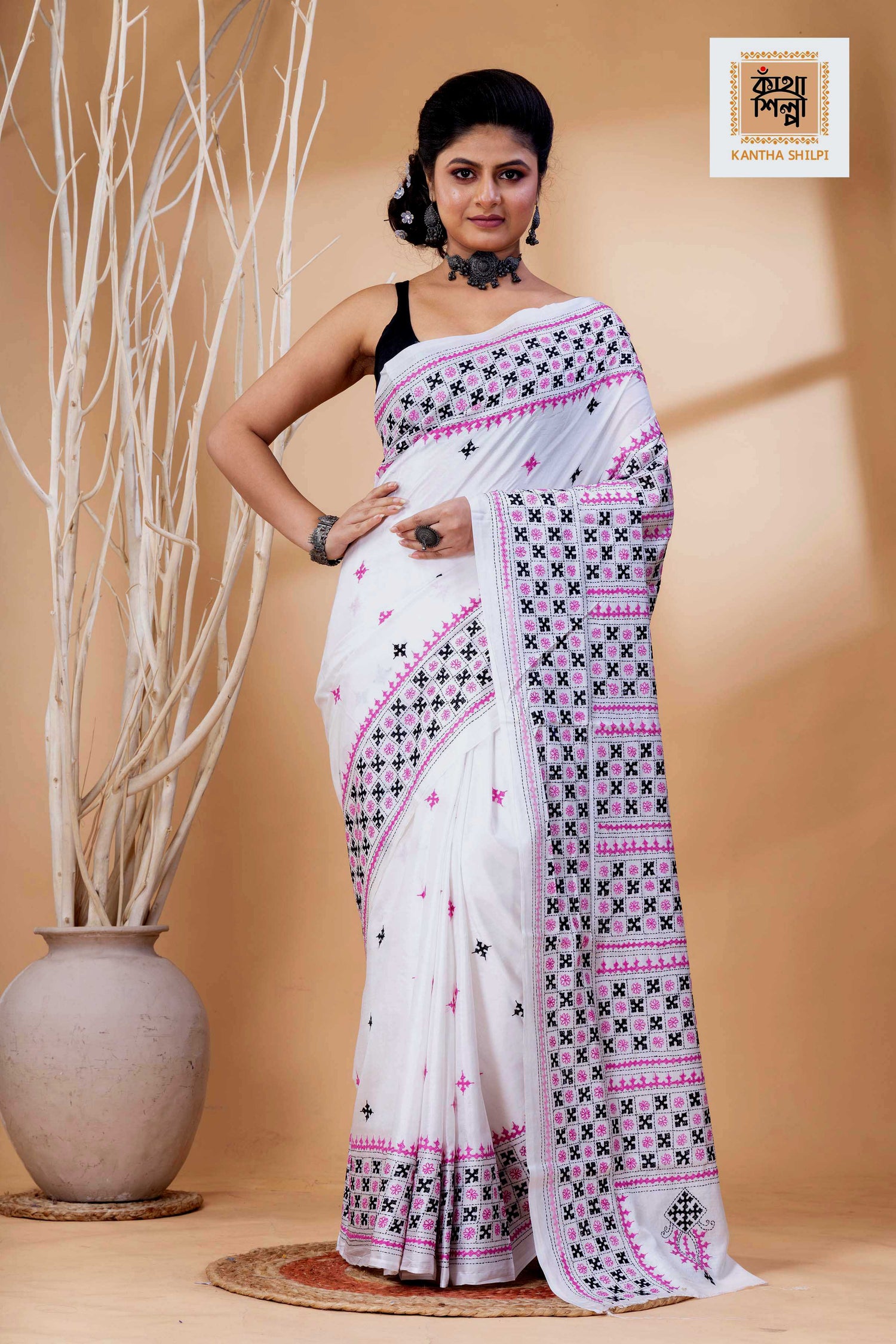White Bangalore Silk Black Pink Thread Work Gujrati Stitch Saree