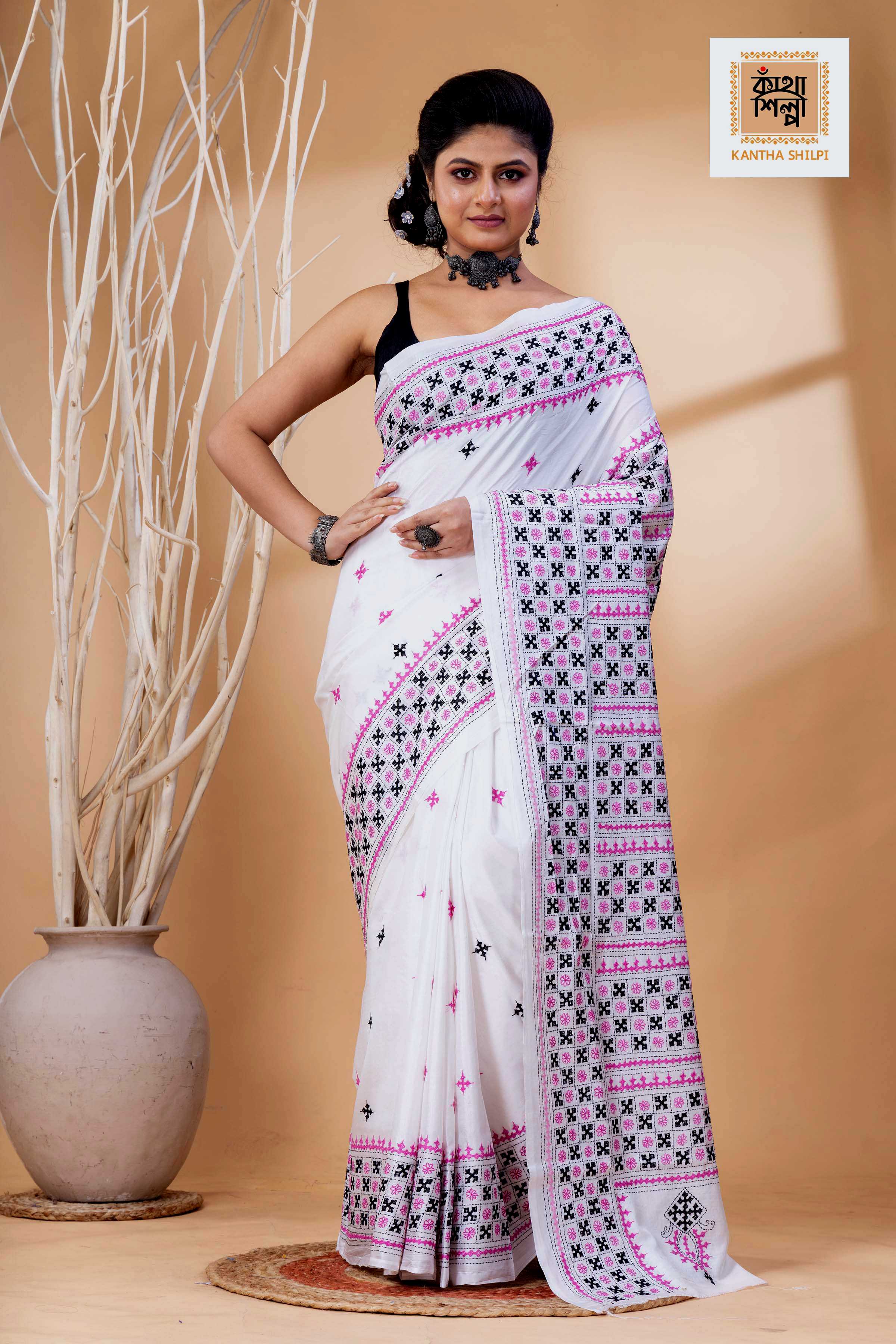 White Bangalore Silk Black Pink Thread Work Gujrati Stitch Saree
