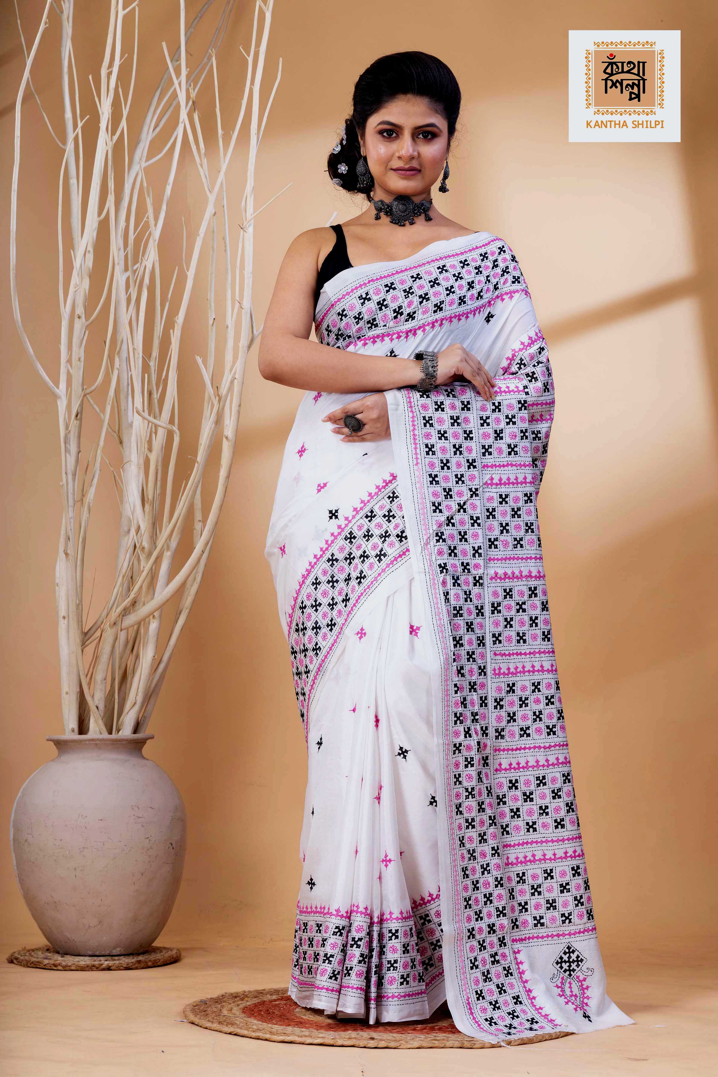 White Bangalore Silk Black Pink Thread Work Gujrati Stitch Saree
